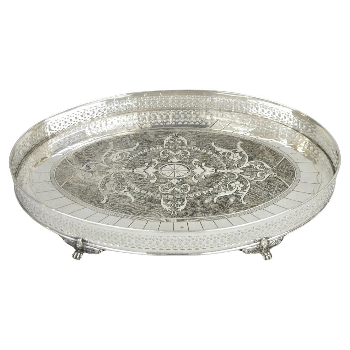 Vintage English Edwardian Style Oval Silver Plated Raised Gallery 21" Bar Tray