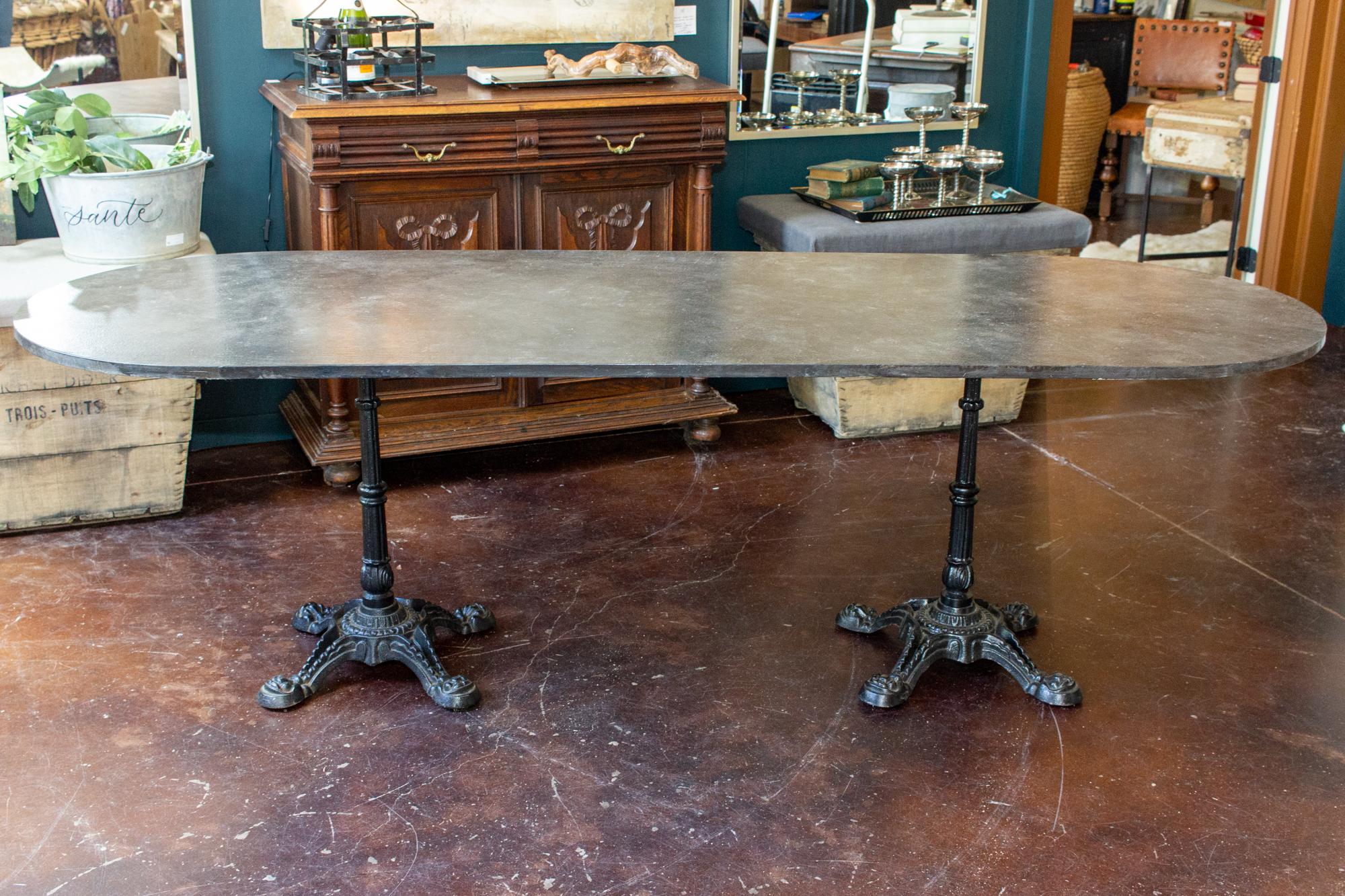 Vintage English Faux Marble Painted Long Bistro Table with French Iron Bases 6