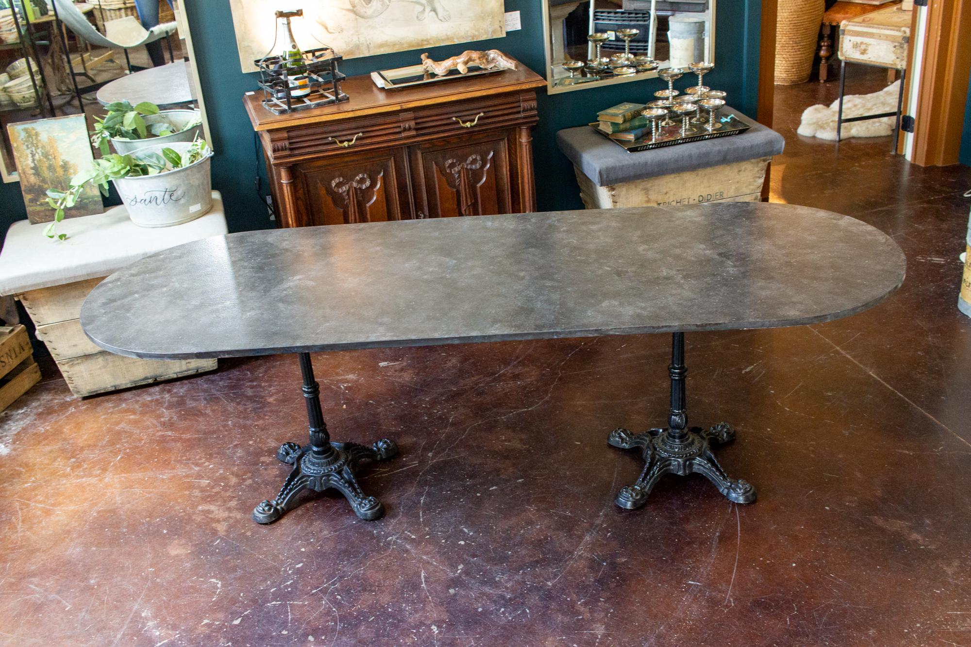 Vintage English Faux Marble Painted Long Bistro Table with French Iron Bases 7