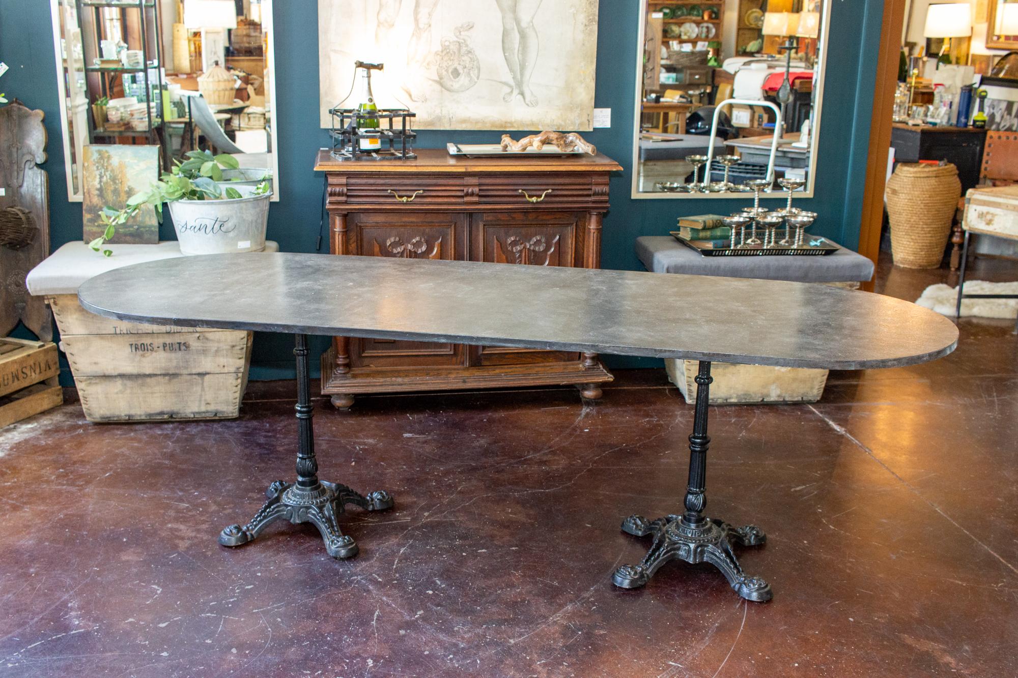 Hand-Painted Vintage English Faux Marble Painted Long Bistro Table with French Iron Bases