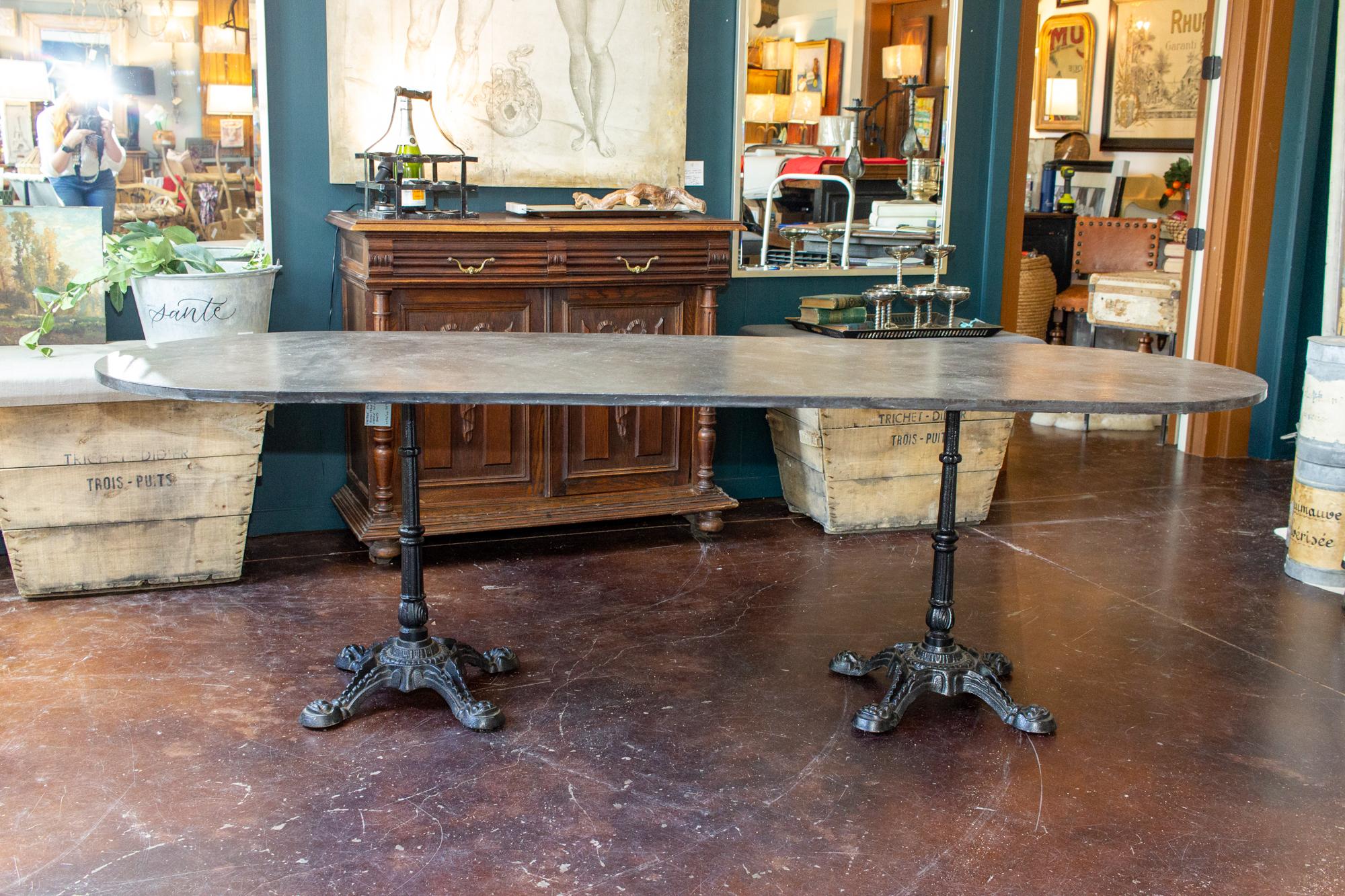 Vintage English Faux Marble Painted Long Bistro Table with French Iron Bases In Good Condition In Houston, TX