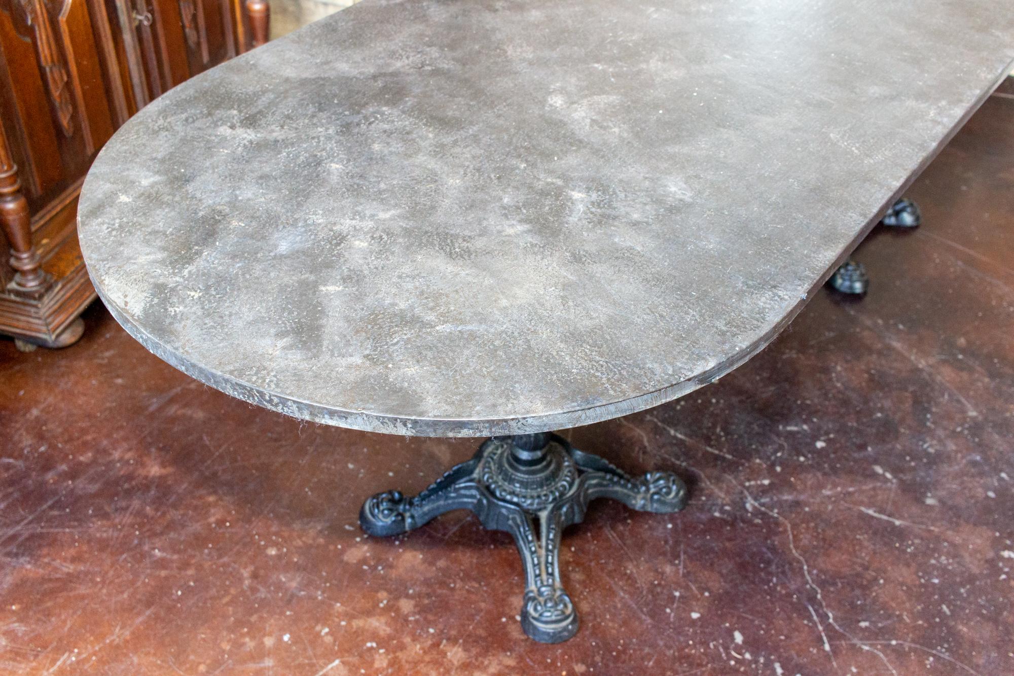 Vintage English Faux Marble Painted Long Bistro Table with French Iron Bases 2
