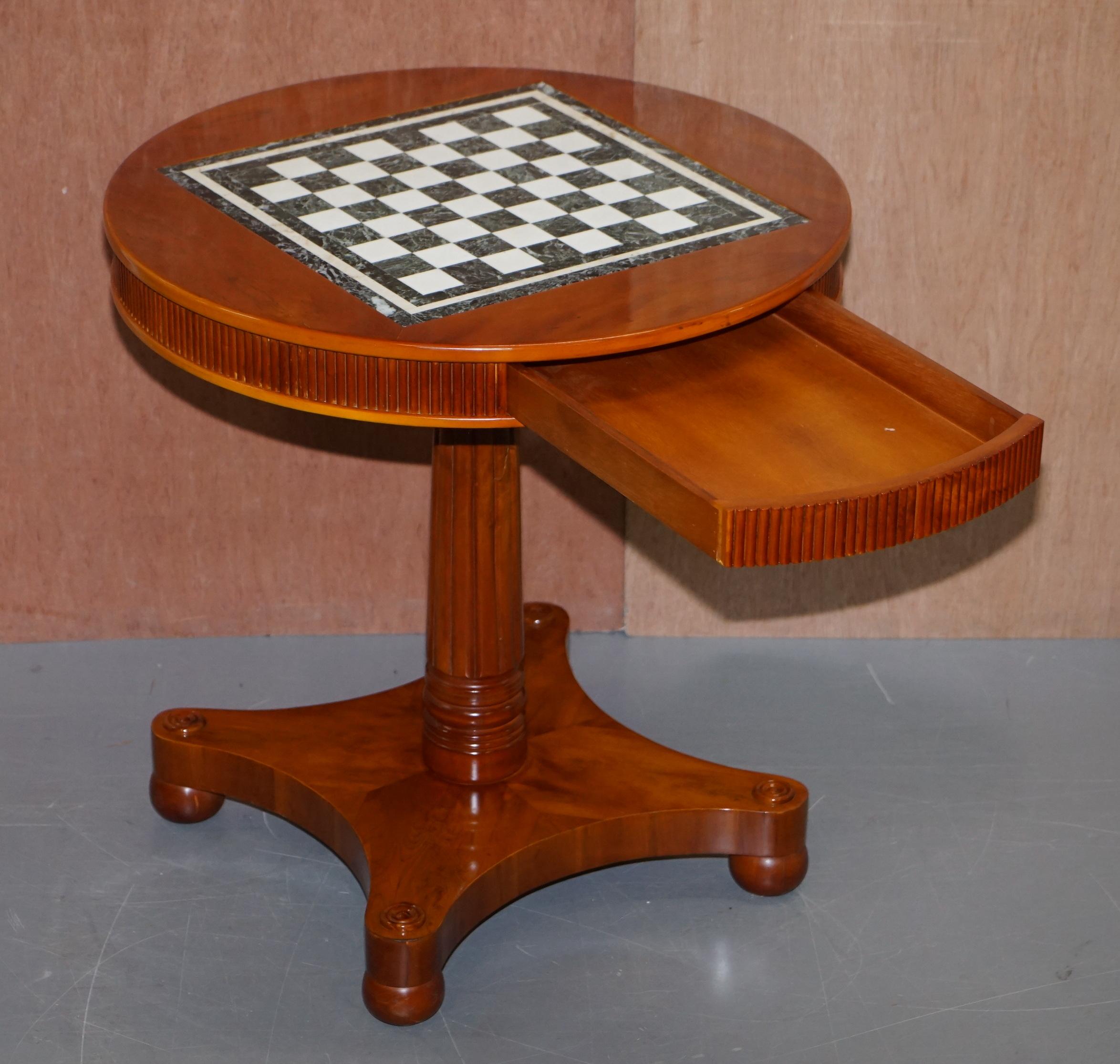 Vintage English Flamed Walnut Chess Table with Marble Inset Board Hidden Drawer 9