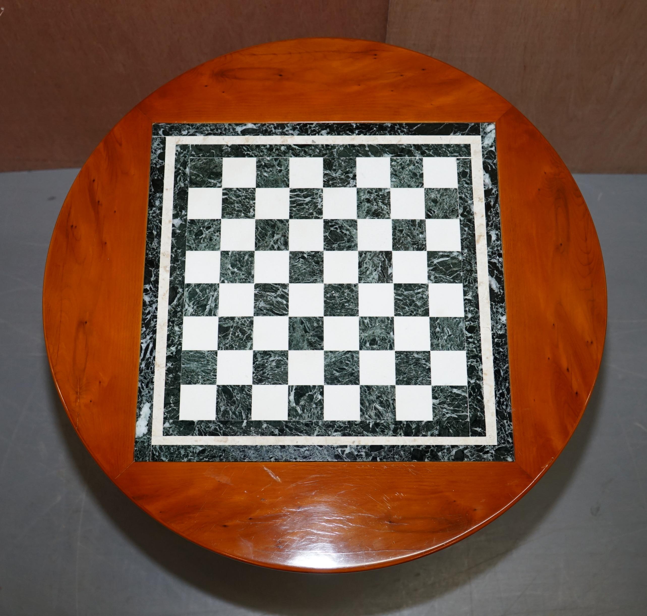 20th Century Vintage English Flamed Walnut Chess Table with Marble Inset Board Hidden Drawer