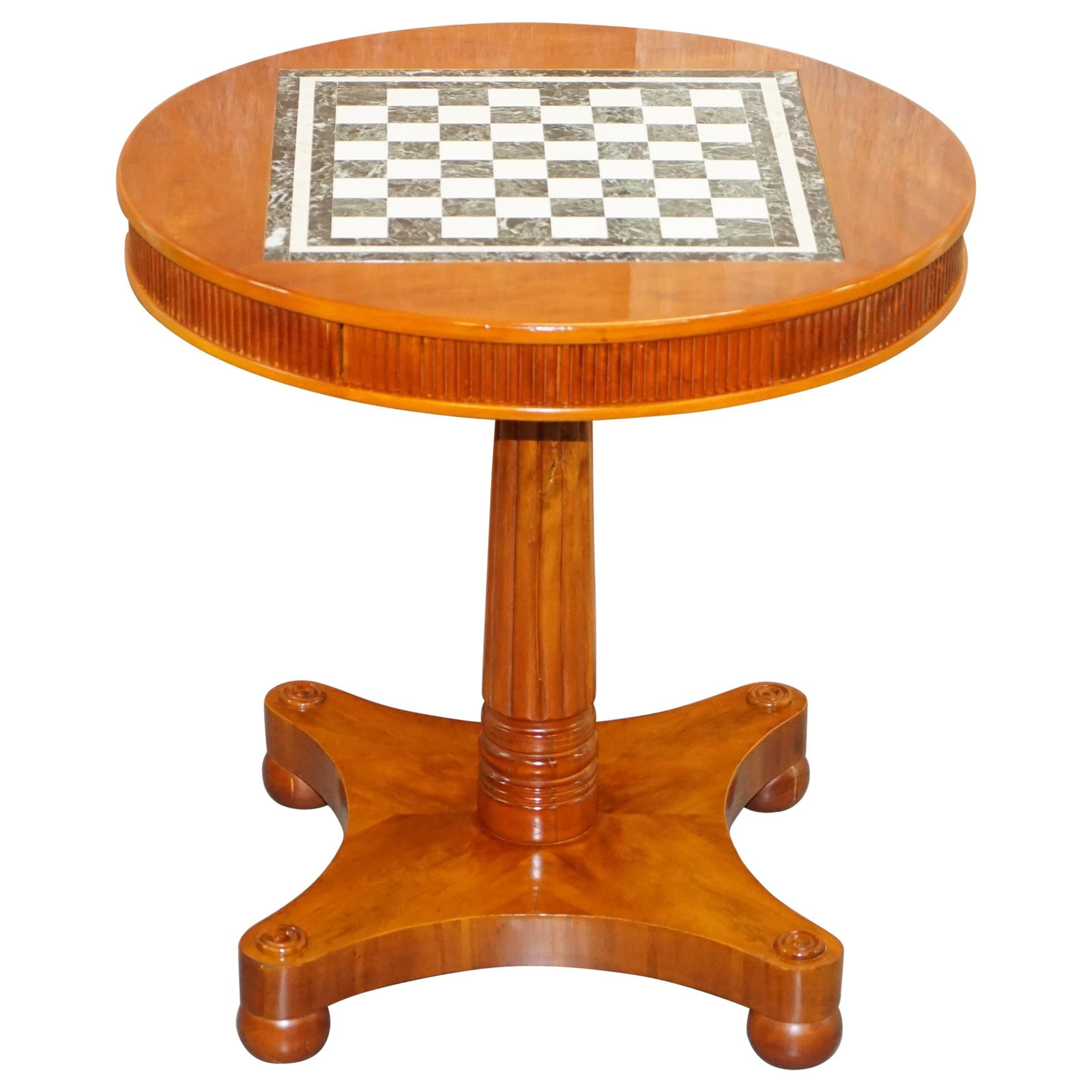 Vintage English Flamed Walnut Chess Table with Marble Inset Board Hidden Drawer