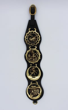 Vintage English Four Horse Brass Shaped Leather Horse Strap