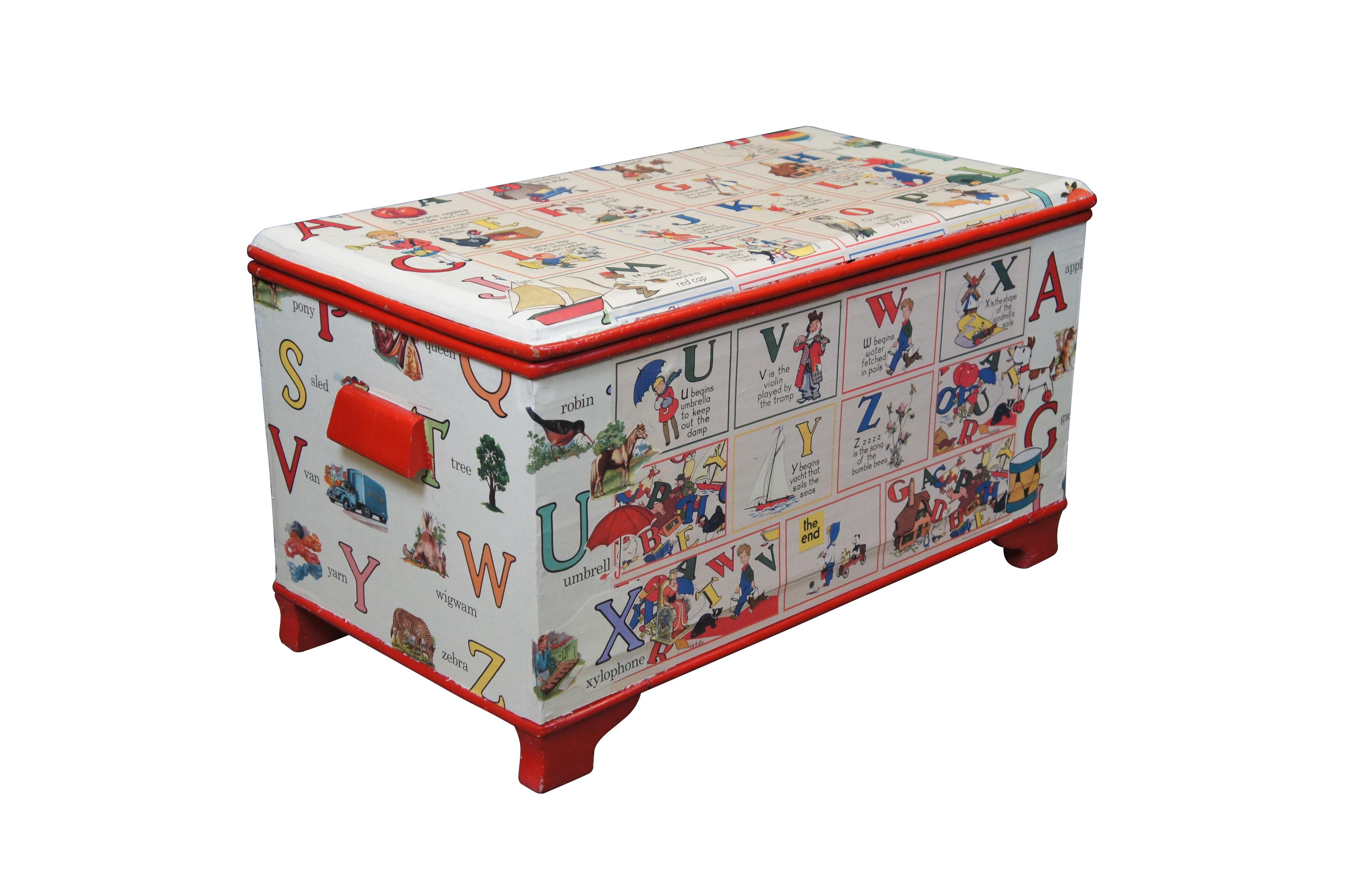 Mid-Century Modern Vintage English French ABC Alphabet Decoupage Childs Toy Box Chest Trunk 26