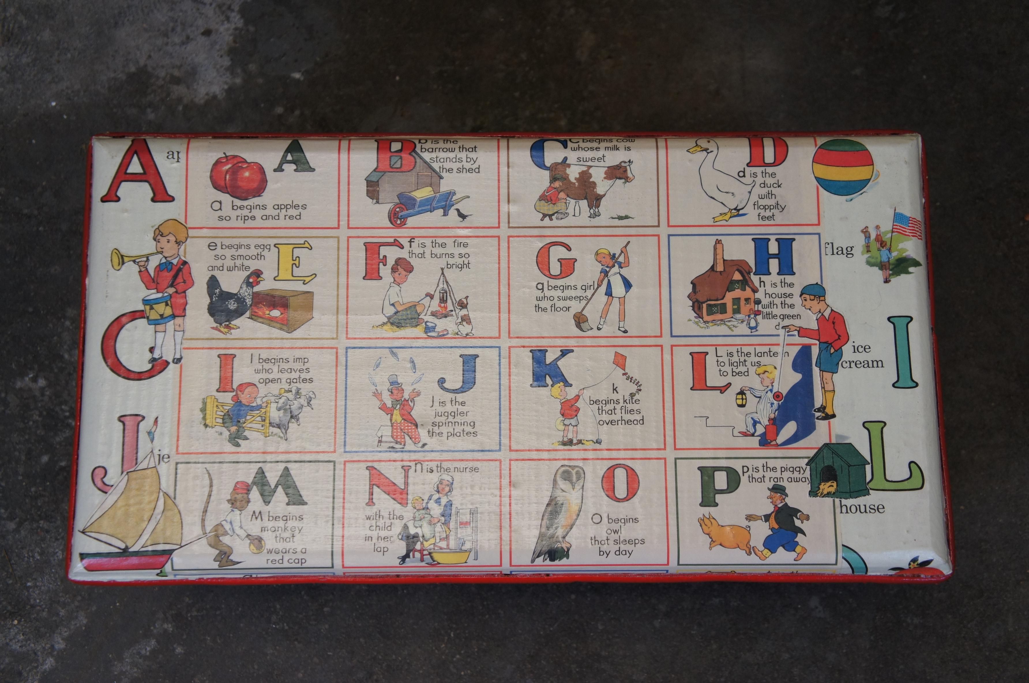 Vintage English French ABC Alphabet Decoupage Childs Toy Box Chest Trunk 26