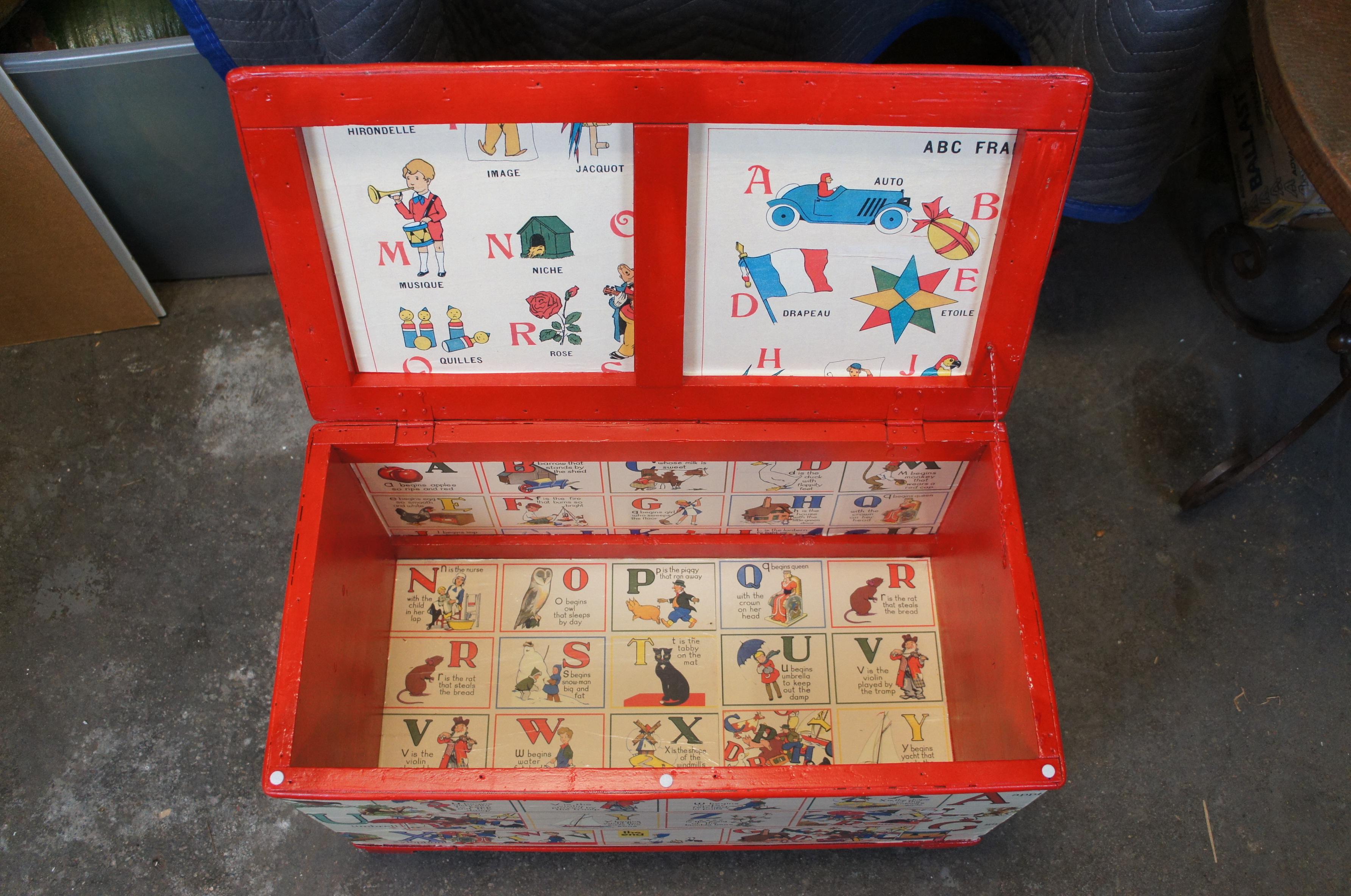 20th Century Vintage English French ABC Alphabet Decoupage Childs Toy Box Chest Trunk 26