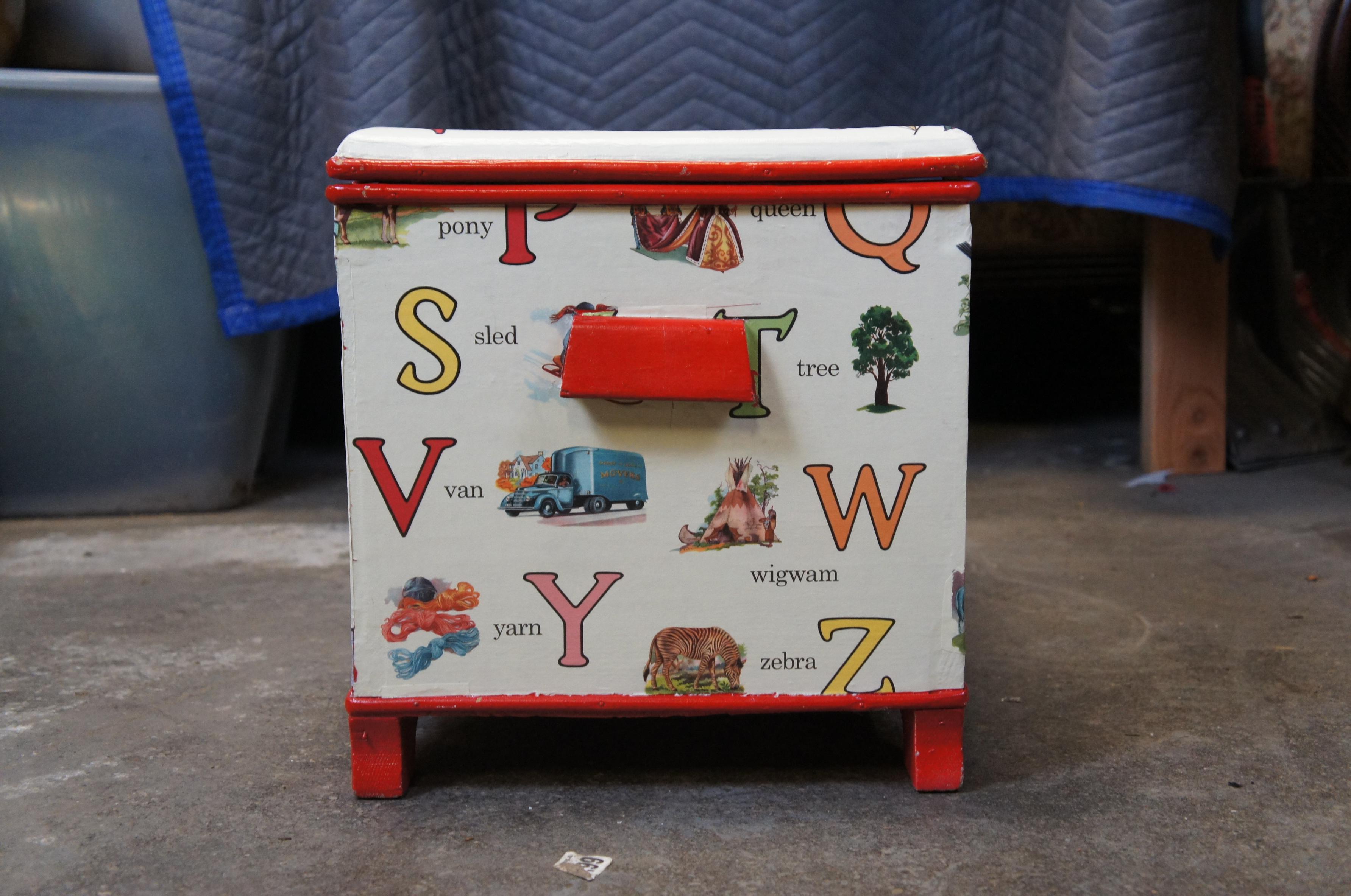 Hardwood Vintage English French ABC Alphabet Decoupage Childs Toy Box Chest Trunk 26