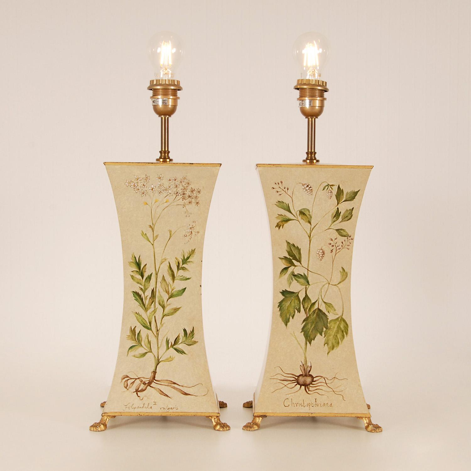 British Vintage English French Country Style off White and Green Floral Table Lamps