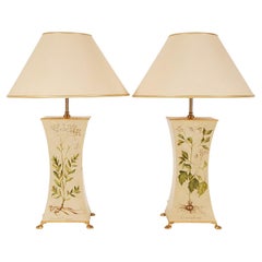 Vintage English French Country Style off White and Green Floral Table Lamps