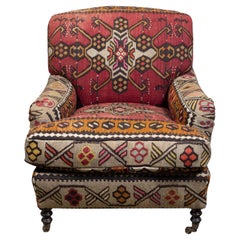 Vintage English George Smith Kilim Upholstered Club Chair on Casters