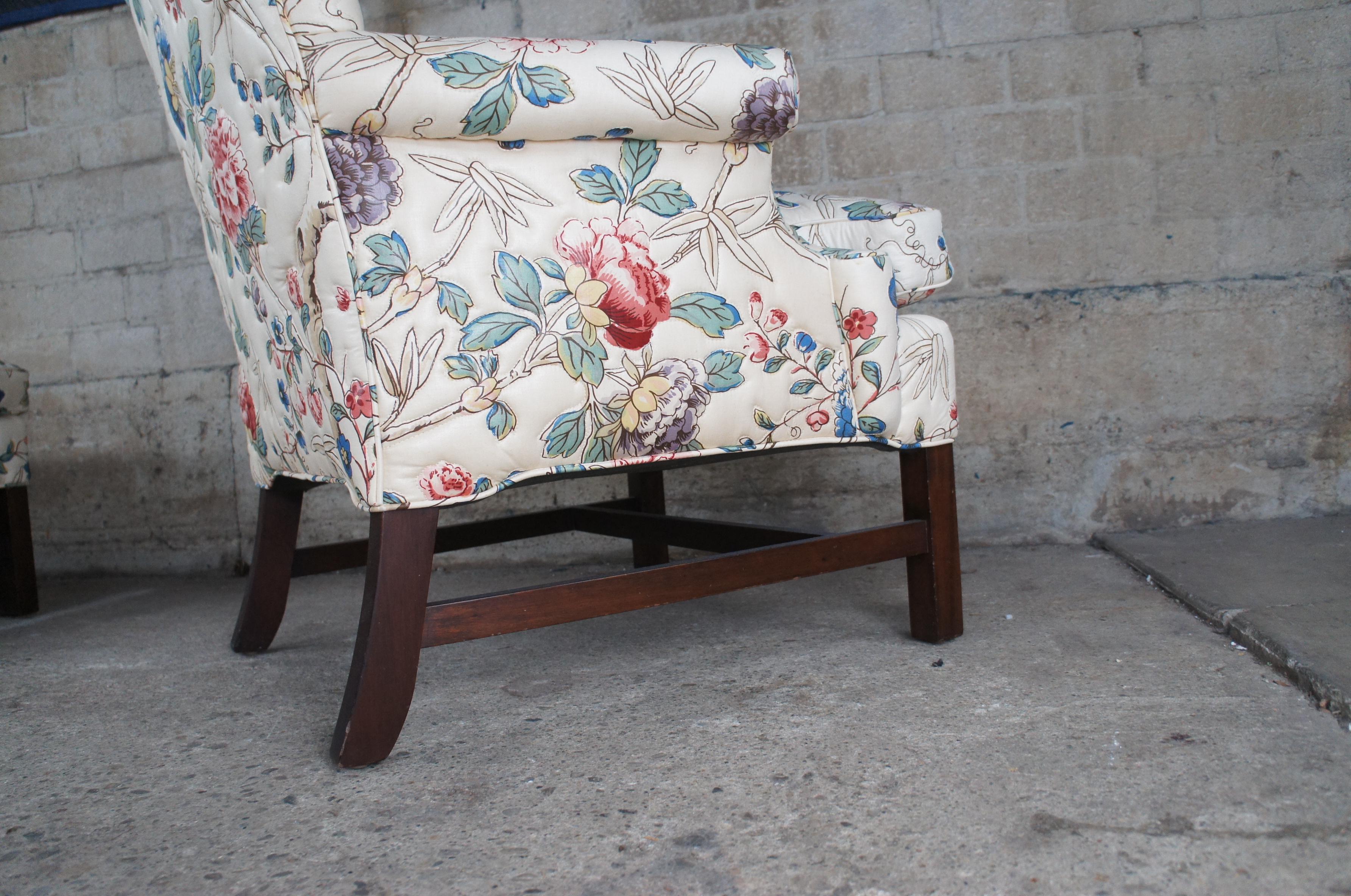 Vintage English Georgian Style Elizabeth Arm Chair & Ottoman Crewel Fabric 6