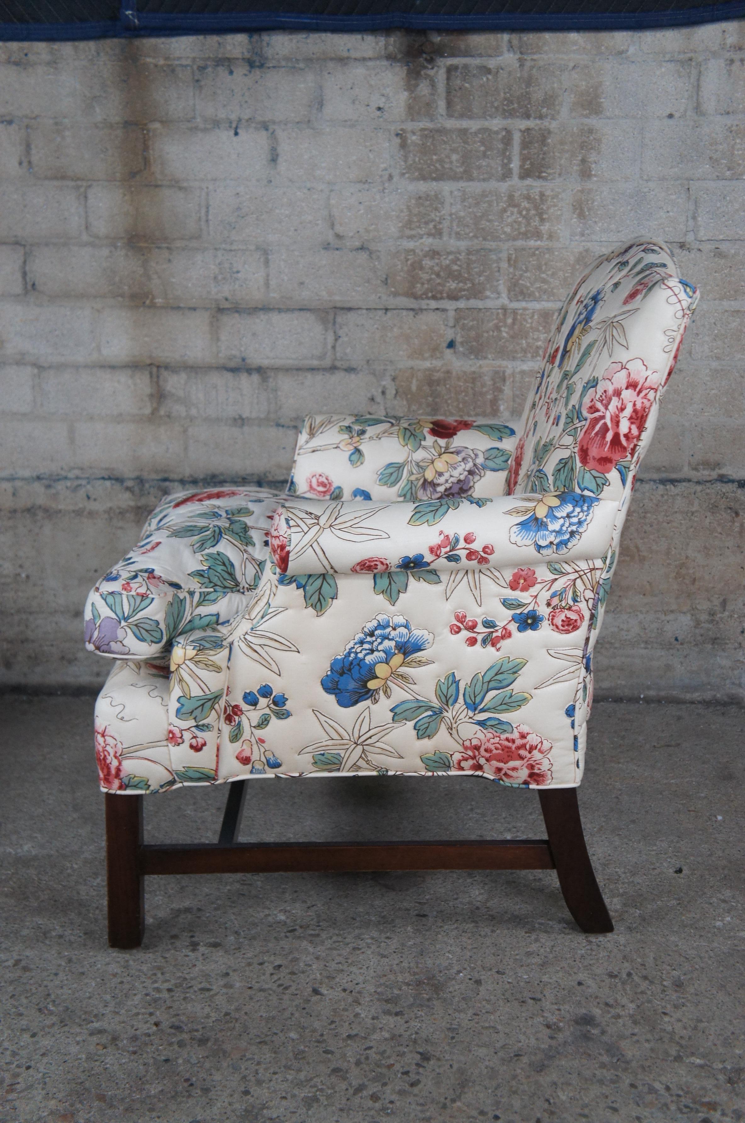 Vintage English Georgian Style Elizabeth Arm Chair & Ottoman Crewel Fabric 2