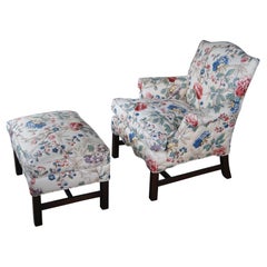 Vintage English Georgian Style Elizabeth Arm Chair & Ottoman Crewel Fabric