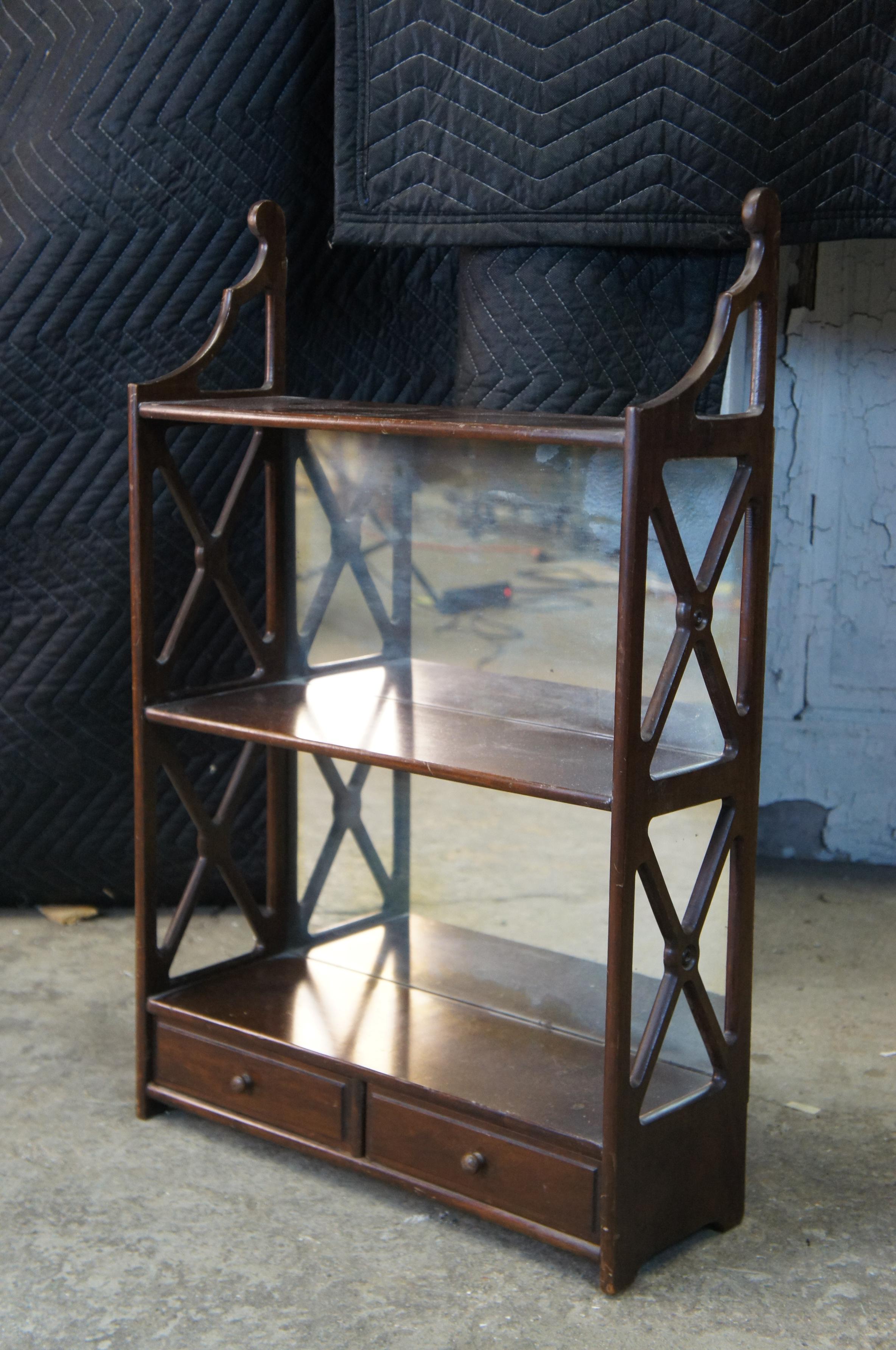 Vintage English Georgian Style Mahogany Mirrored Wall Hanging Shelf Rack Drawers In Good Condition In Dayton, OH