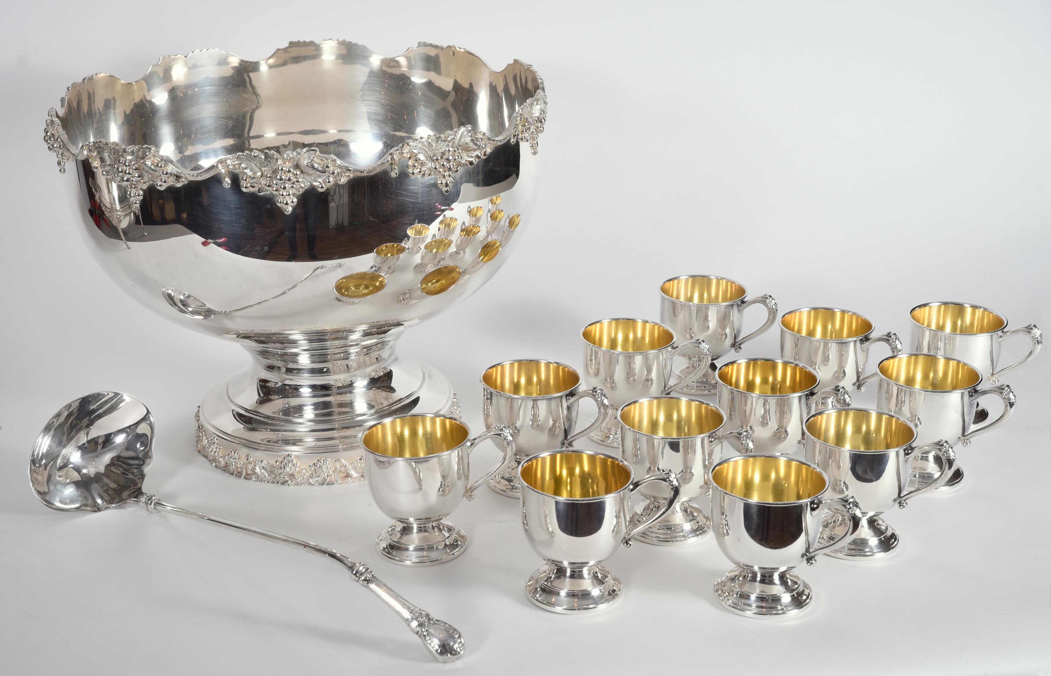 Late 20th Century Vintage English Georgian Style Silver Plated or Copper 15 Piece Punch Bowl Set