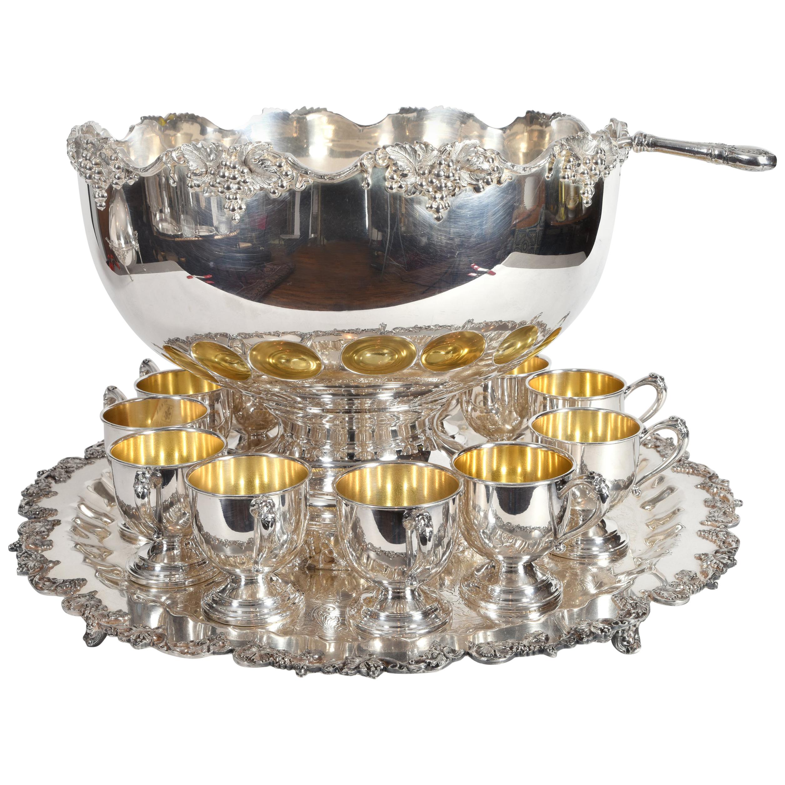 Vintage English Georgian Style Silver Plated or Copper 15 Piece Punch Bowl Set