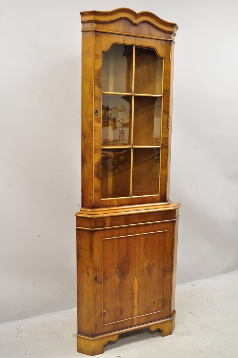 Vintage English Yew Wood Small Corner China Cupboard