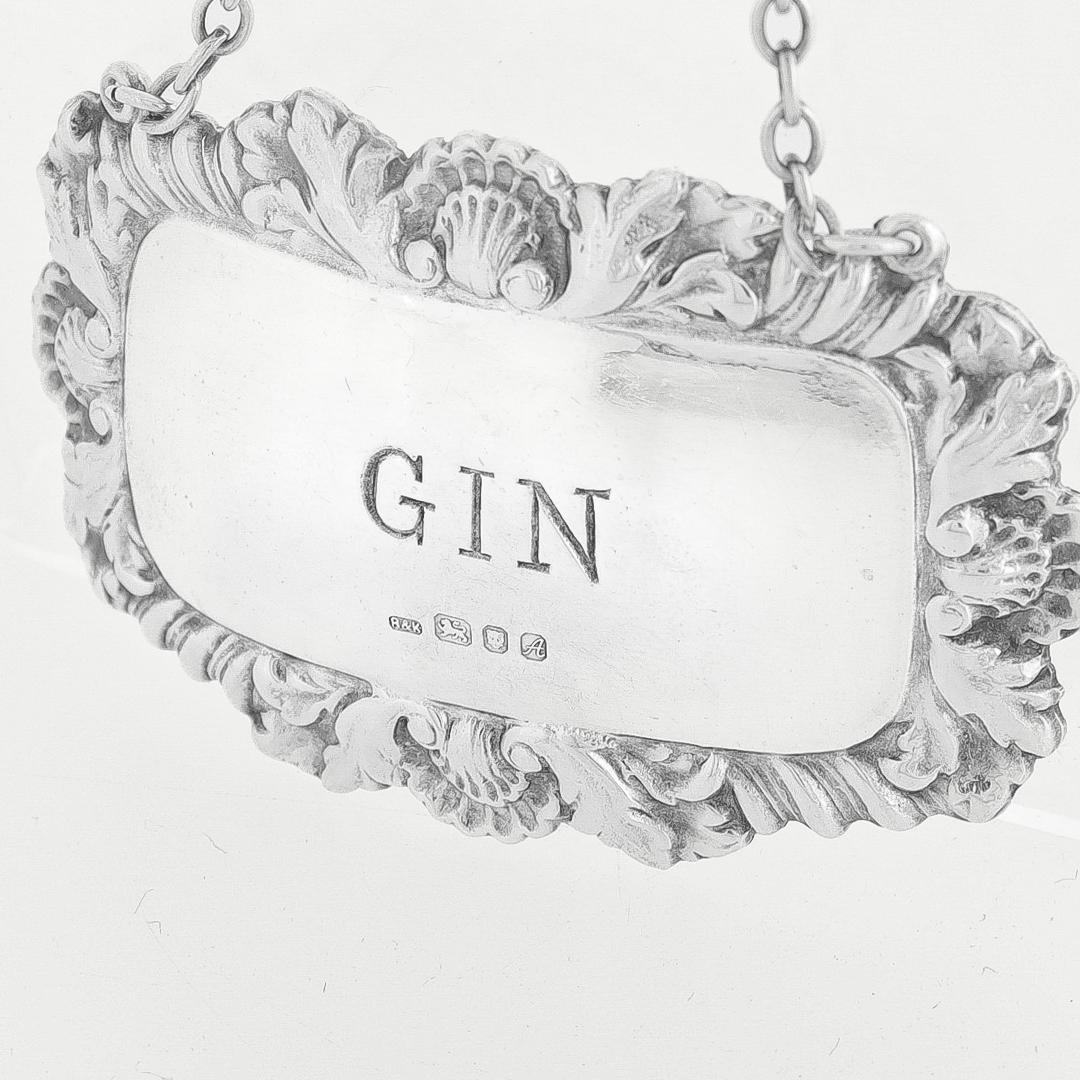 Sterling Silver Vintage English Gin Decanter / Liquor Label by Richards & Knight For Sale