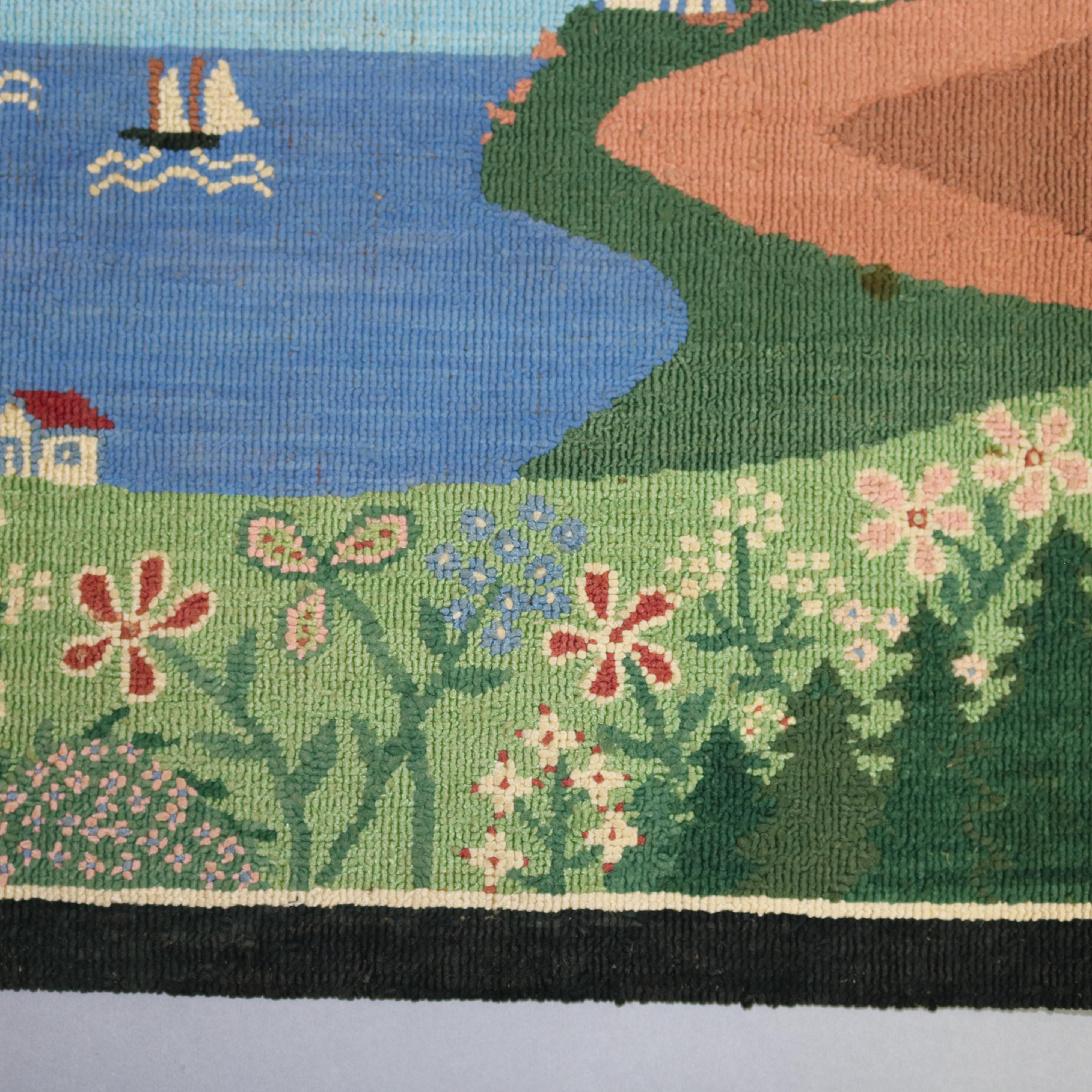 Hand-Crafted Vintage Newfoundland Grenfell Labrador Scenic Folk Art Hooked Area Rug, 20th C