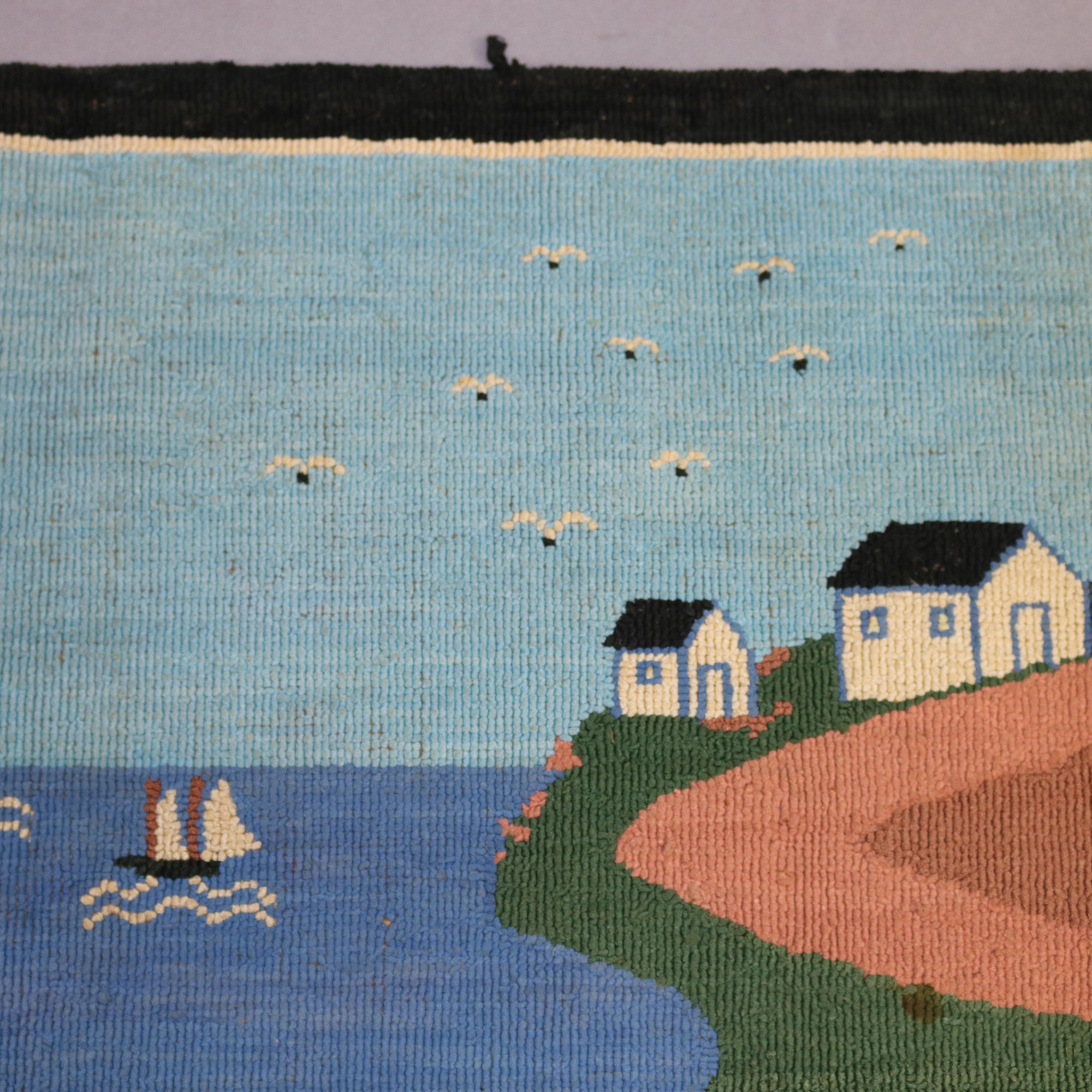 Vintage Newfoundland Grenfell Labrador Scenic Folk Art Hooked Area Rug, 20th C In Good Condition In Big Flats, NY