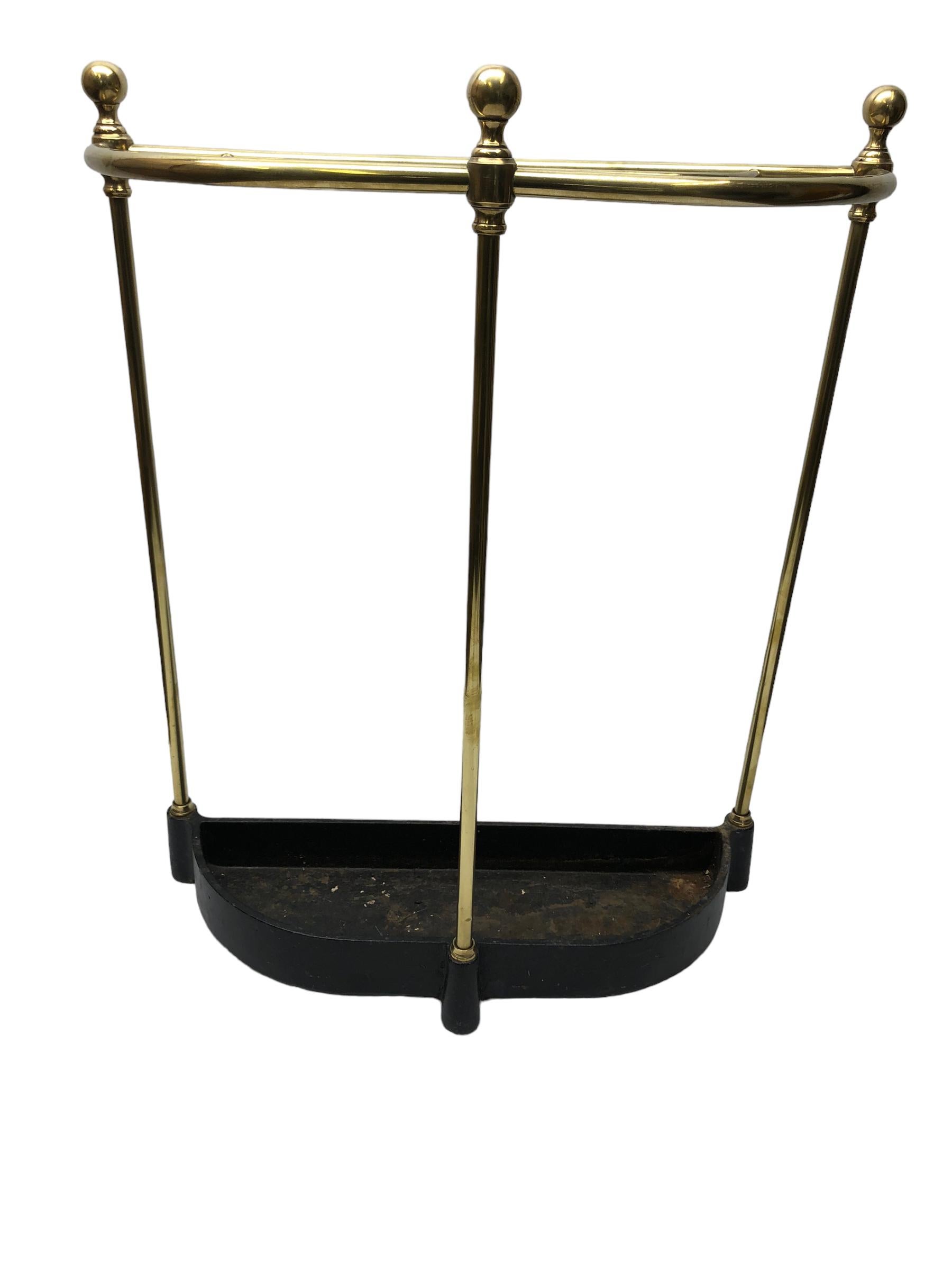 20th Century Vintage English Half Round Brass Umbrella Stand With Cast Iron Base  For Sale