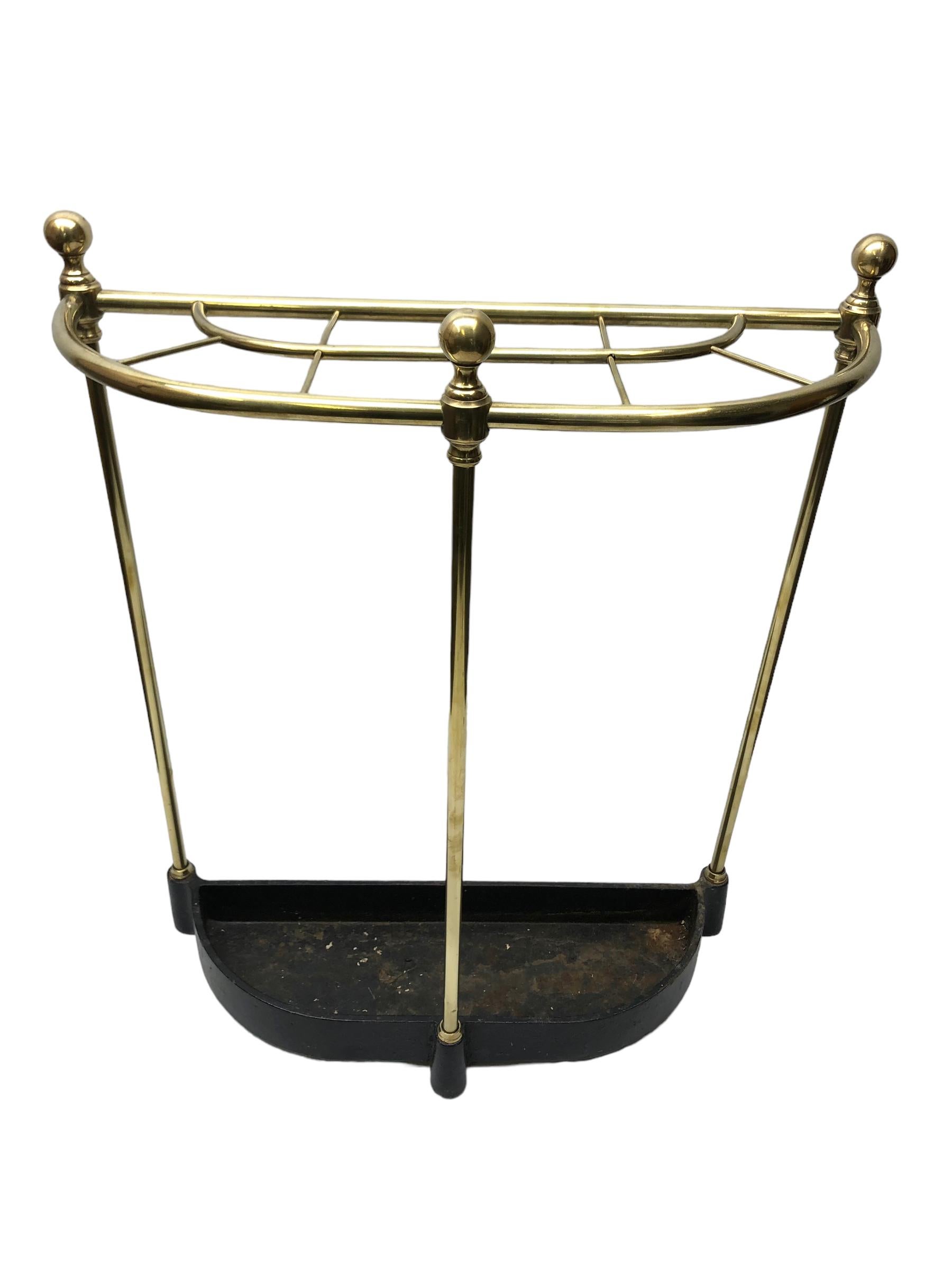 Vintage English Half Round Brass Umbrella Stand With Cast Iron Base  For Sale 1