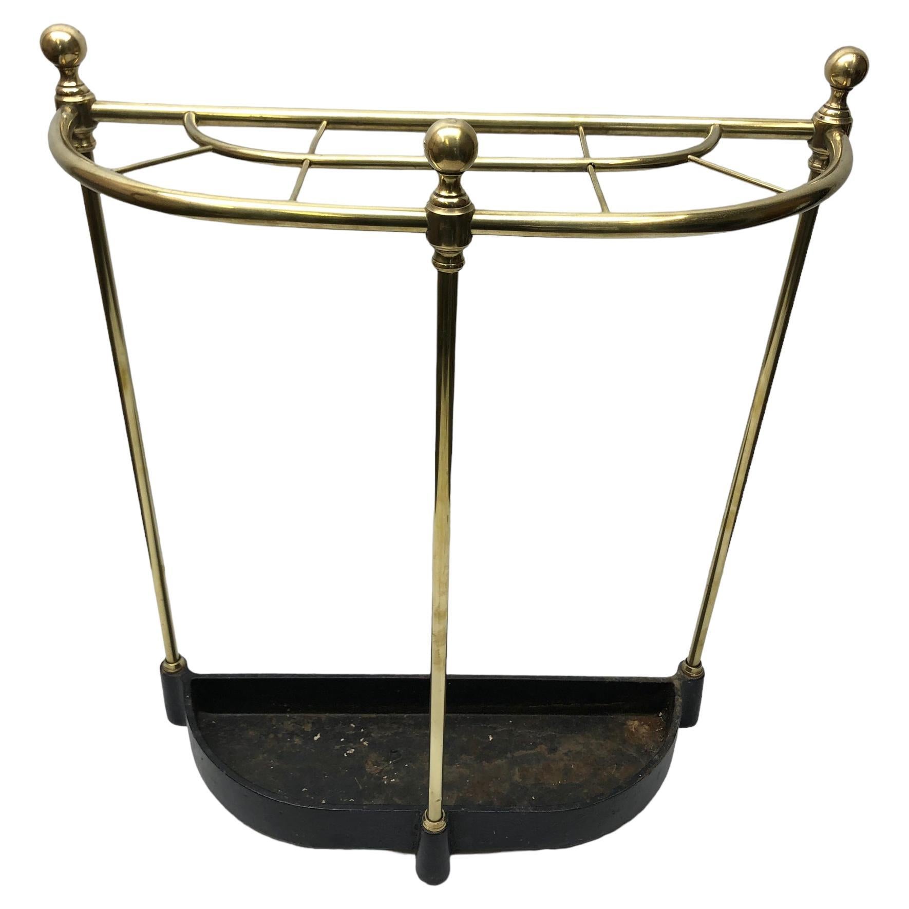 Vintage English Half Round Brass Umbrella Stand With Cast Iron Base  For Sale