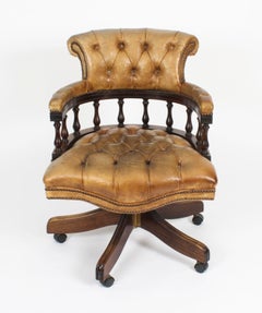 Vintage English Hand Made Leather Beige Captains Desk Chair