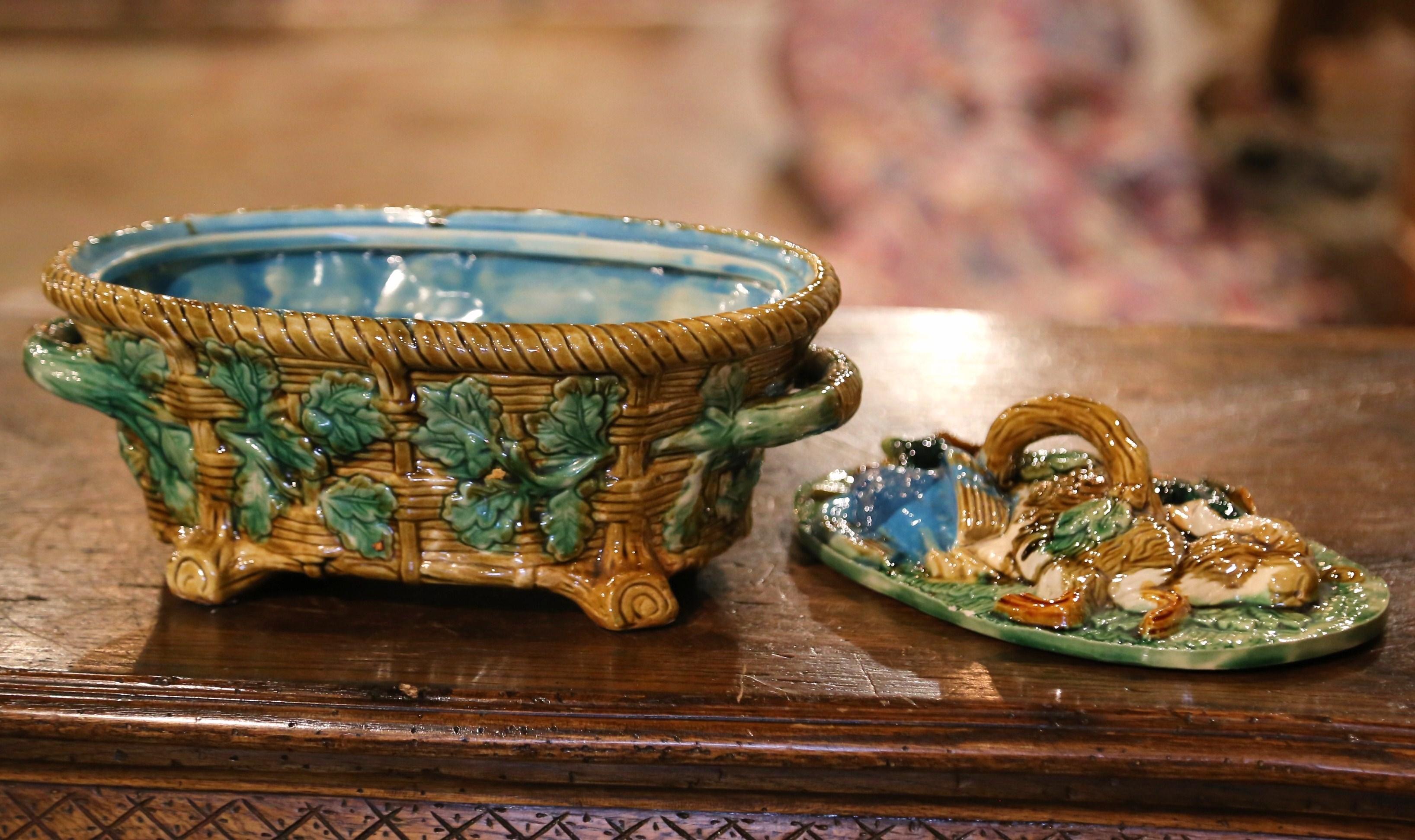 20th Century Vintage English Hand-Painted Minton Style Majolica Game Pie Tureen with Lid For Sale