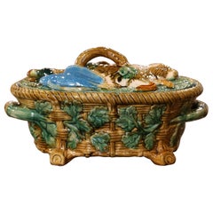Vintage English Hand-Painted Minton Style Majolica Game Pie Tureen with Lid