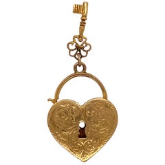 Vintage English Heart Lock and Key Charm 9 Karat Yellow Gold