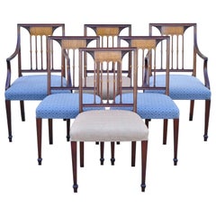 Vintage English Hepplewhite Style Mahogany Satinwood Inlay Dining Chairs - Set 6