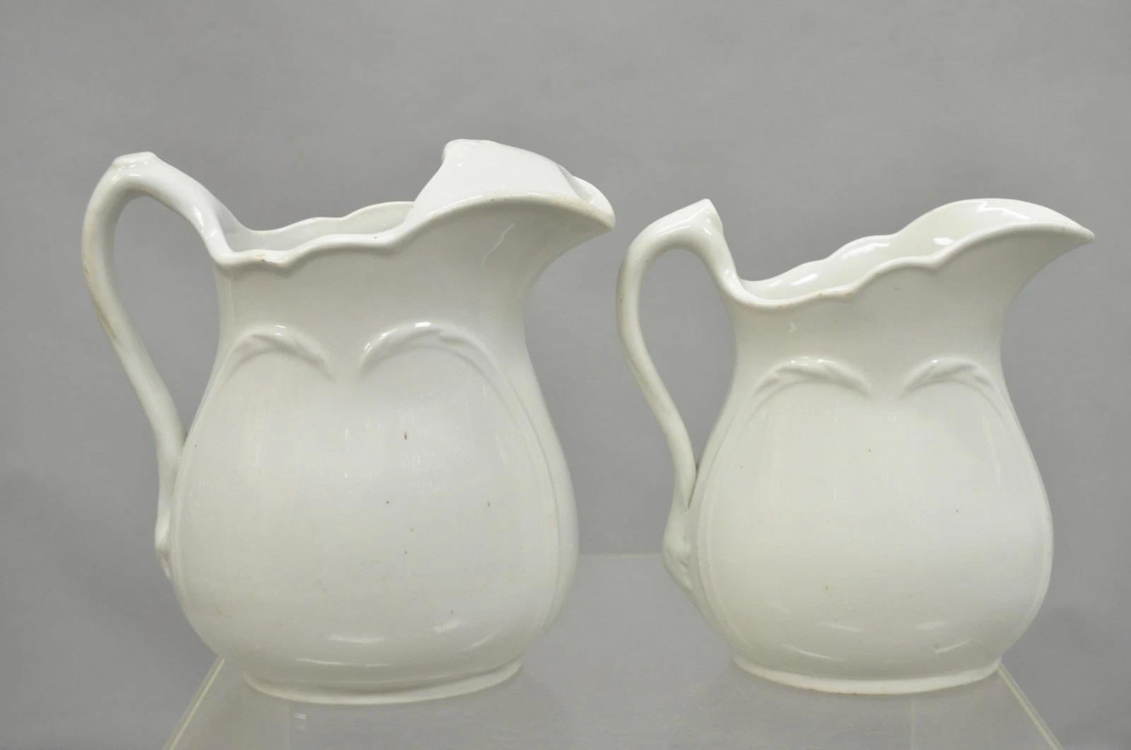 Vintage English Ironstone White Farmhouse Milk Water Pitchers - Set of 2 For Sale 4