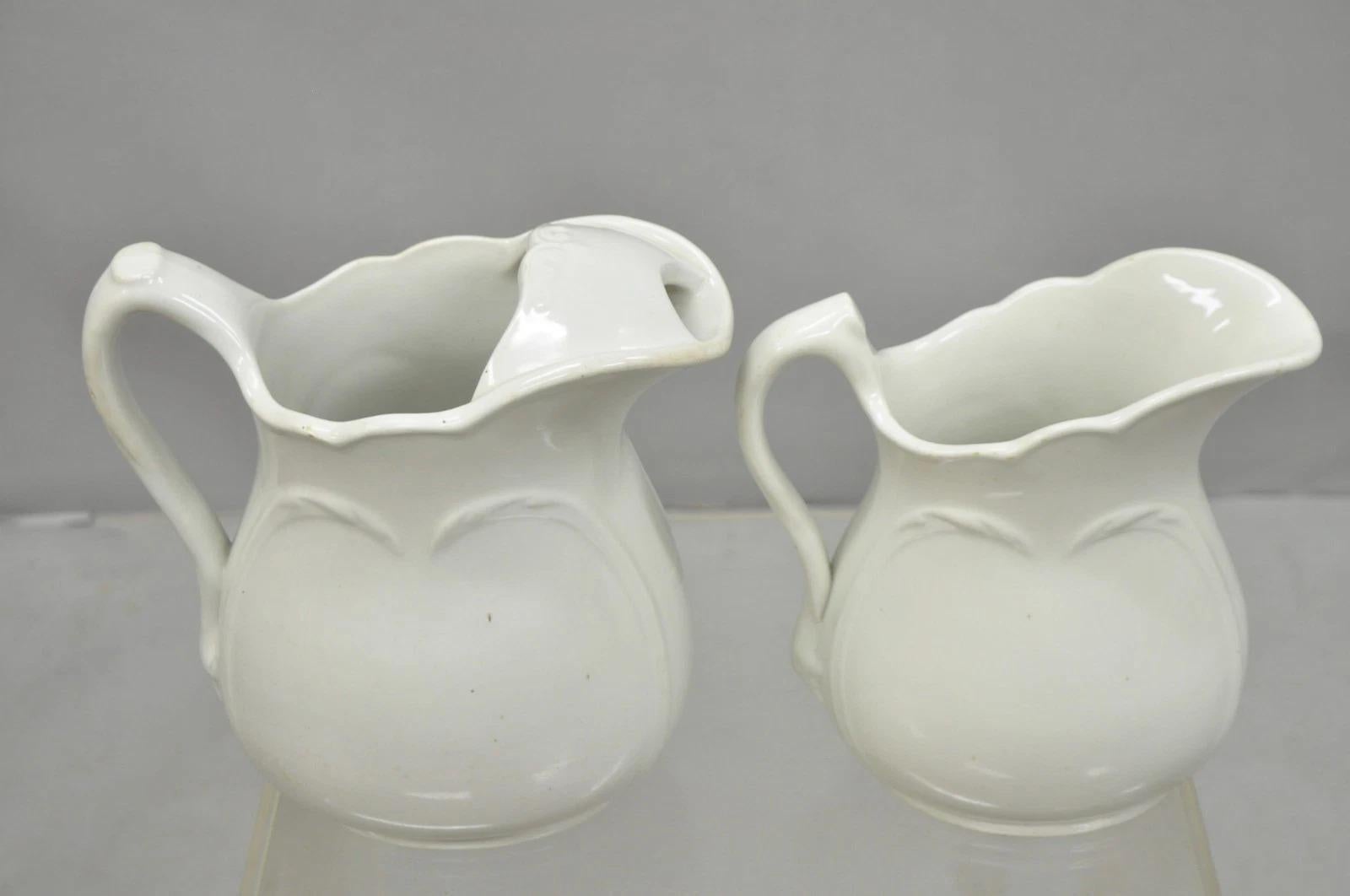 Victorian Vintage English Ironstone White Farmhouse Milk Water Pitchers - Set of 2 For Sale