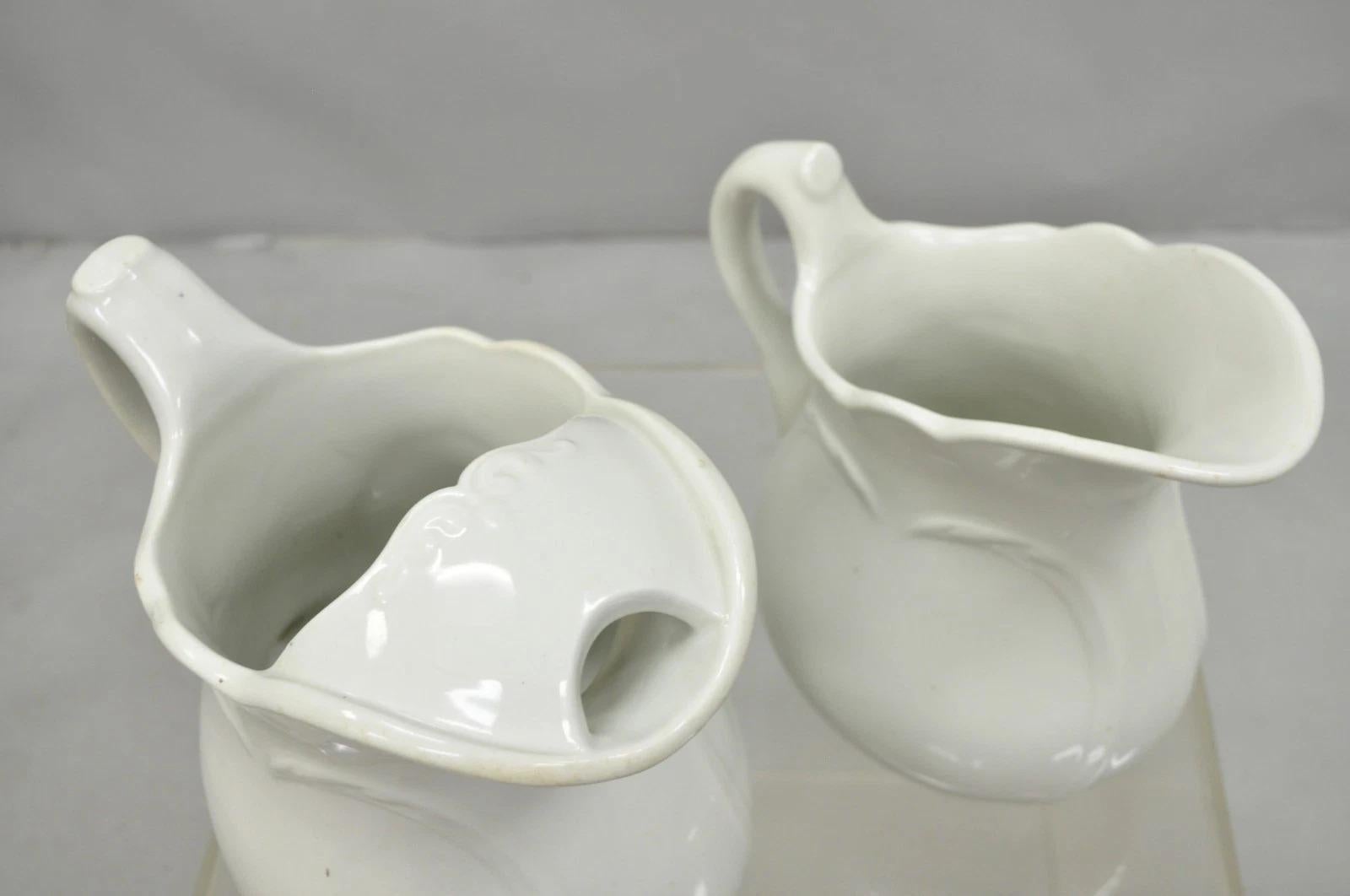 Unknown Vintage English Ironstone White Farmhouse Milk Water Pitchers - Set of 2 For Sale