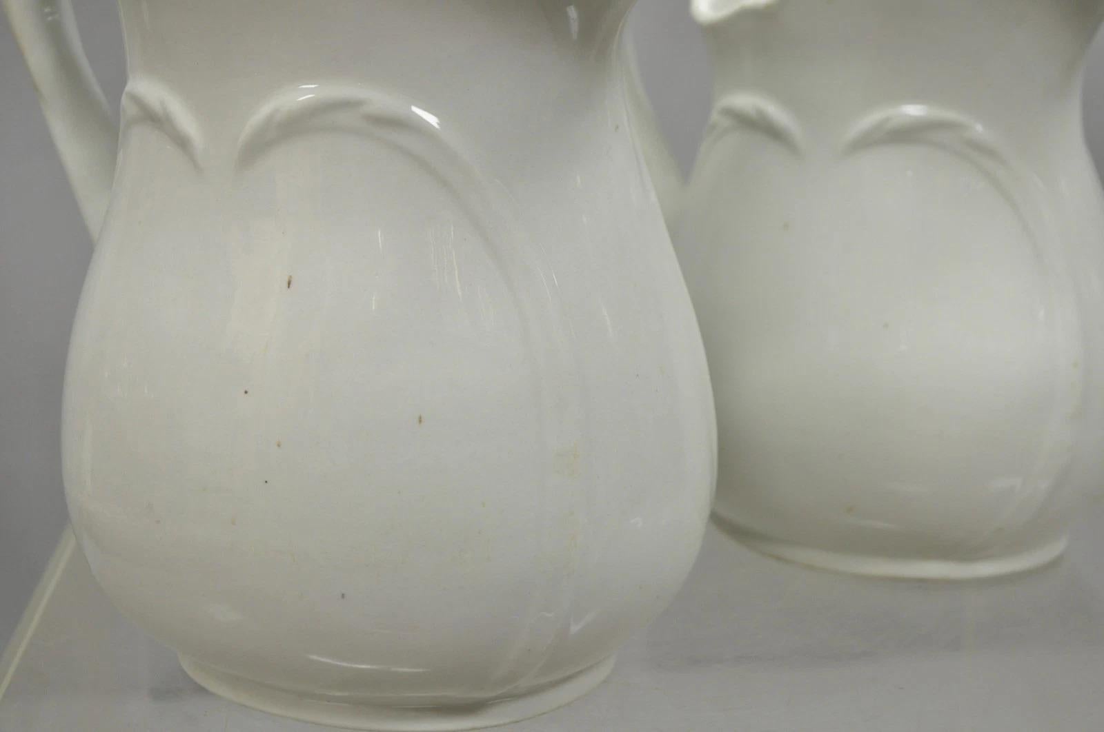 20th Century Vintage English Ironstone White Farmhouse Milk Water Pitchers - Set of 2 For Sale