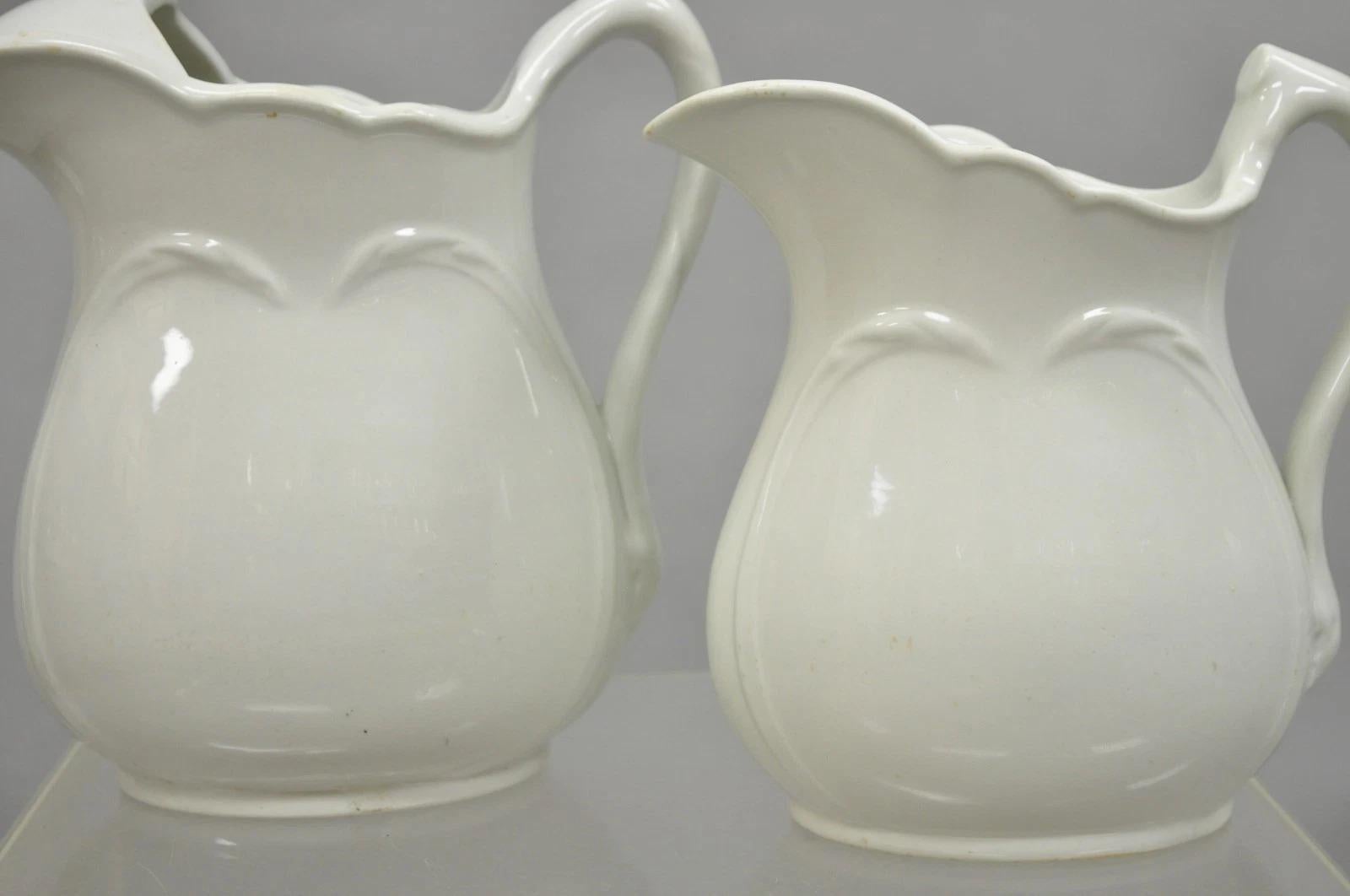 Vintage English Ironstone White Farmhouse Milk Water Pitchers - Set of 2 For Sale 1