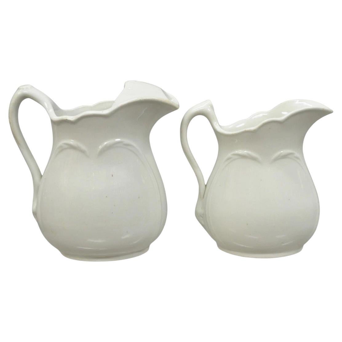 Vintage English Ironstone White Farmhouse Milk Water Pitchers - Set of 2 For Sale