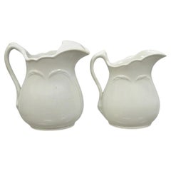 Vintage English Ironstone White Farmhouse Milk Water Pitchers - Set of 2