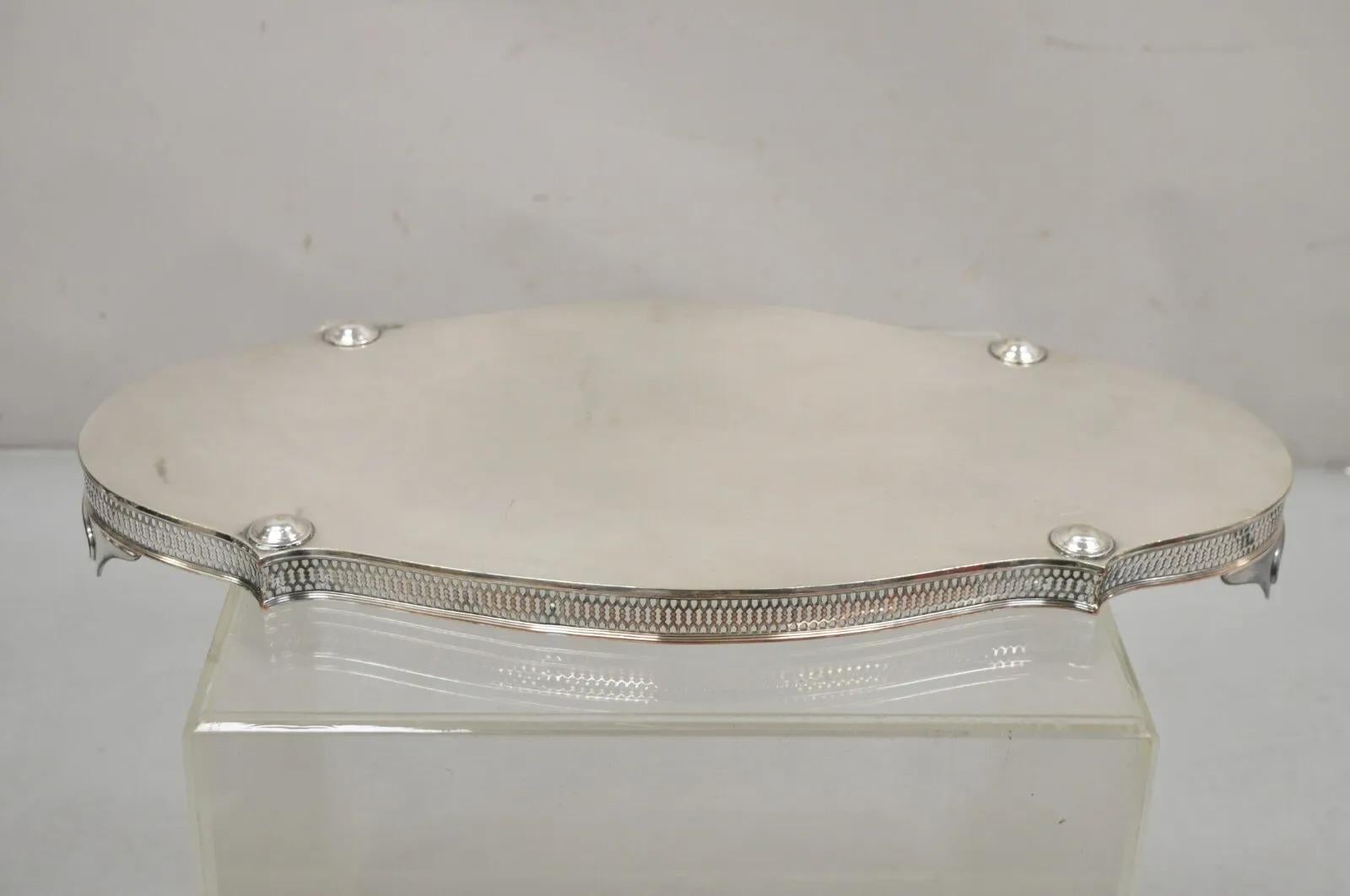 Vintage English LBS Co 982 Silver Plated Scalloped Oval Pierced Gallery Tray For Sale 5