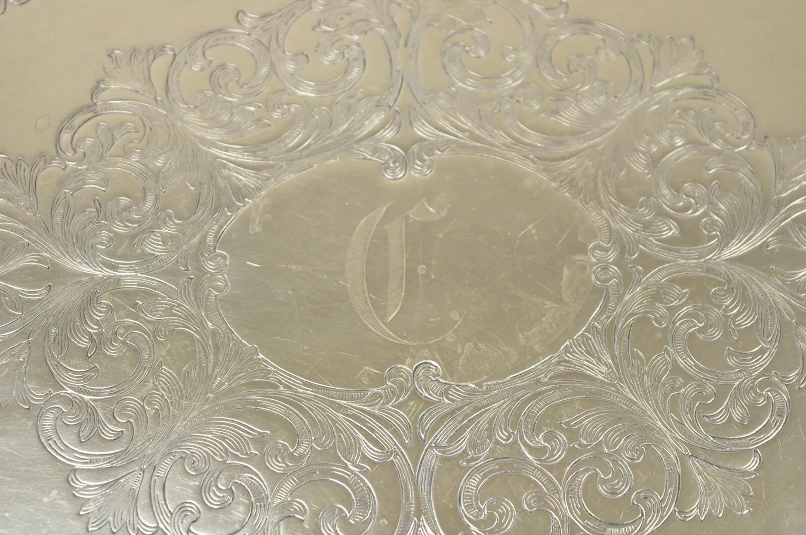 Edwardian Vintage English LBS Co 982 Silver Plated Scalloped Oval Pierced Gallery Tray For Sale