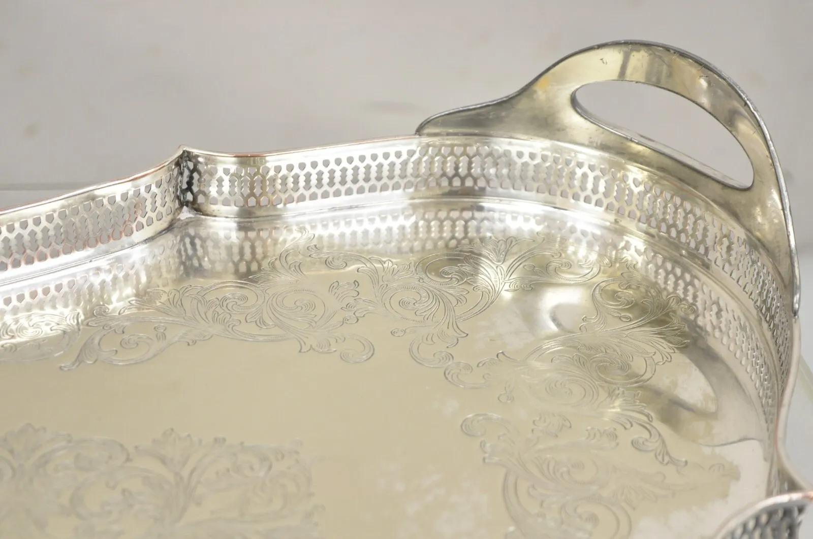 20th Century Vintage English LBS Co 982 Silver Plated Scalloped Oval Pierced Gallery Tray For Sale