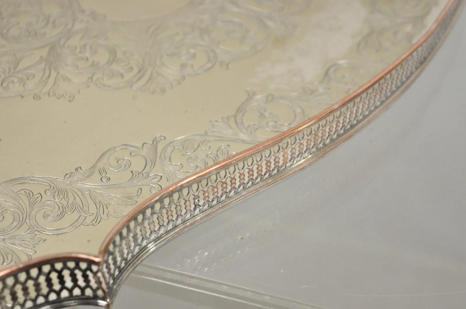 Vintage English LBS Co 982 Silver Plated Scalloped Oval Pierced Gallery Tray For Sale 1