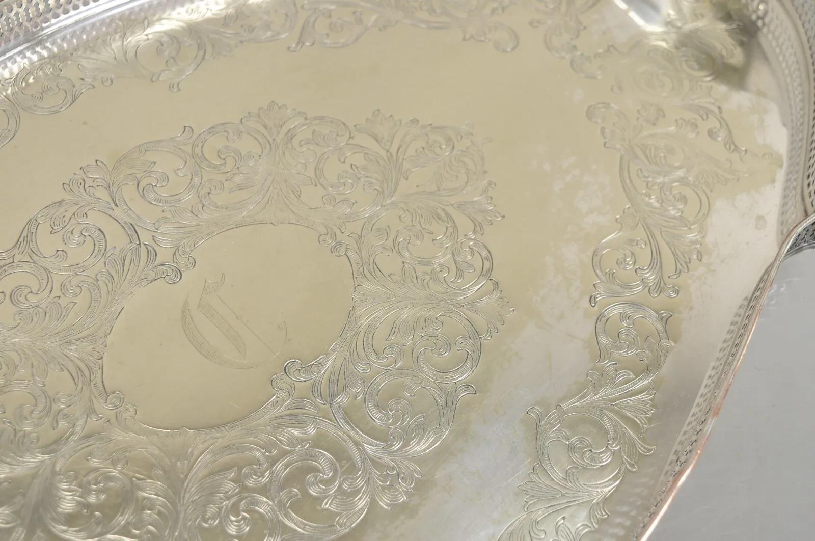 Vintage English LBS Co 982 Silver Plated Scalloped Oval Pierced Gallery Tray For Sale 3