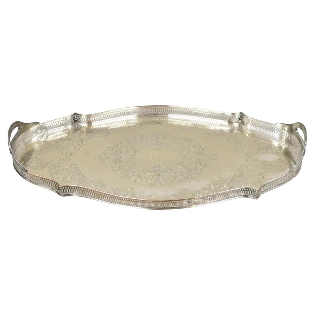 Vintage English LBS Co 982 Silver Plated Scalloped Oval Pierced Gallery Tray