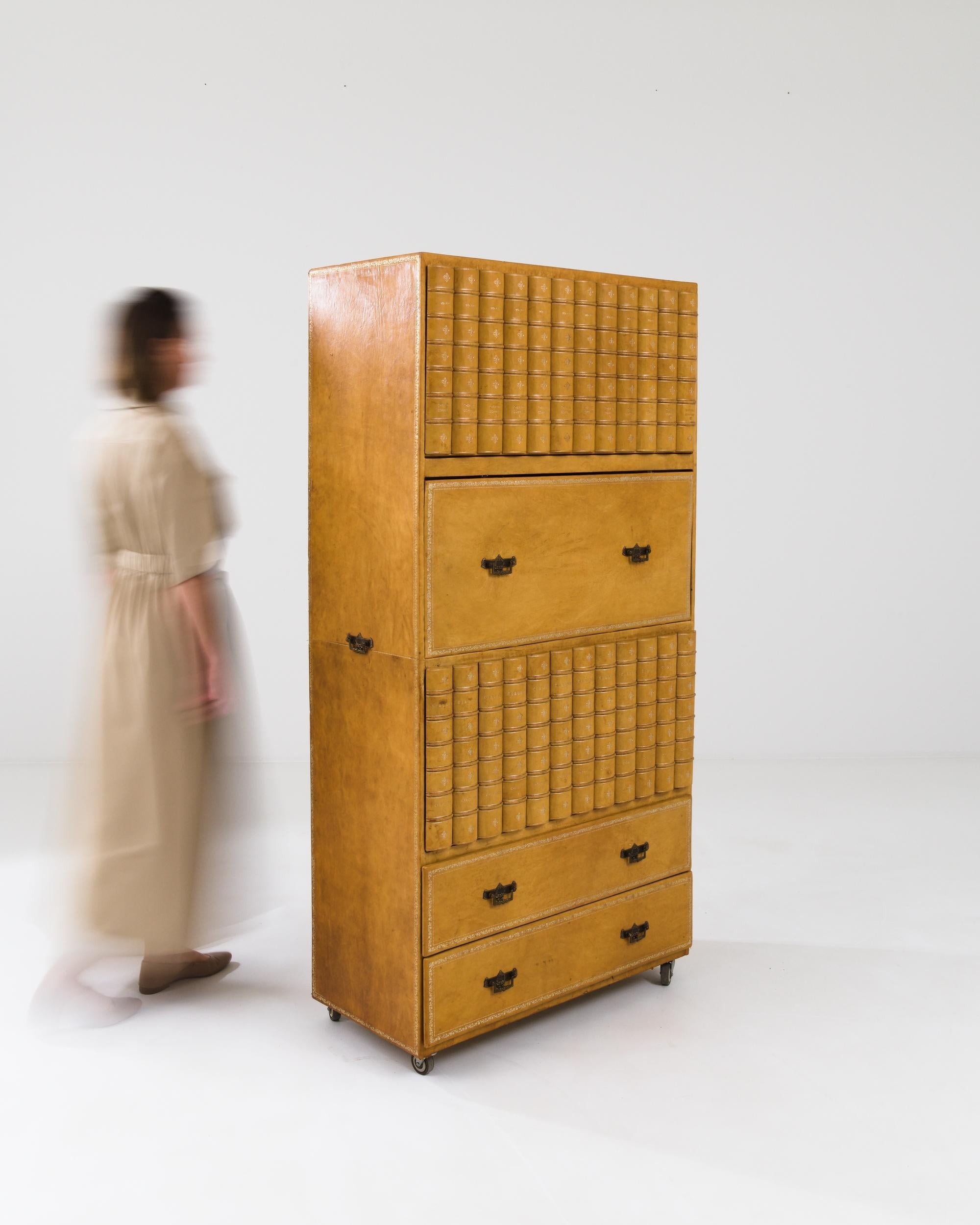 Wood Vintage English Leather Bound Cabinet 