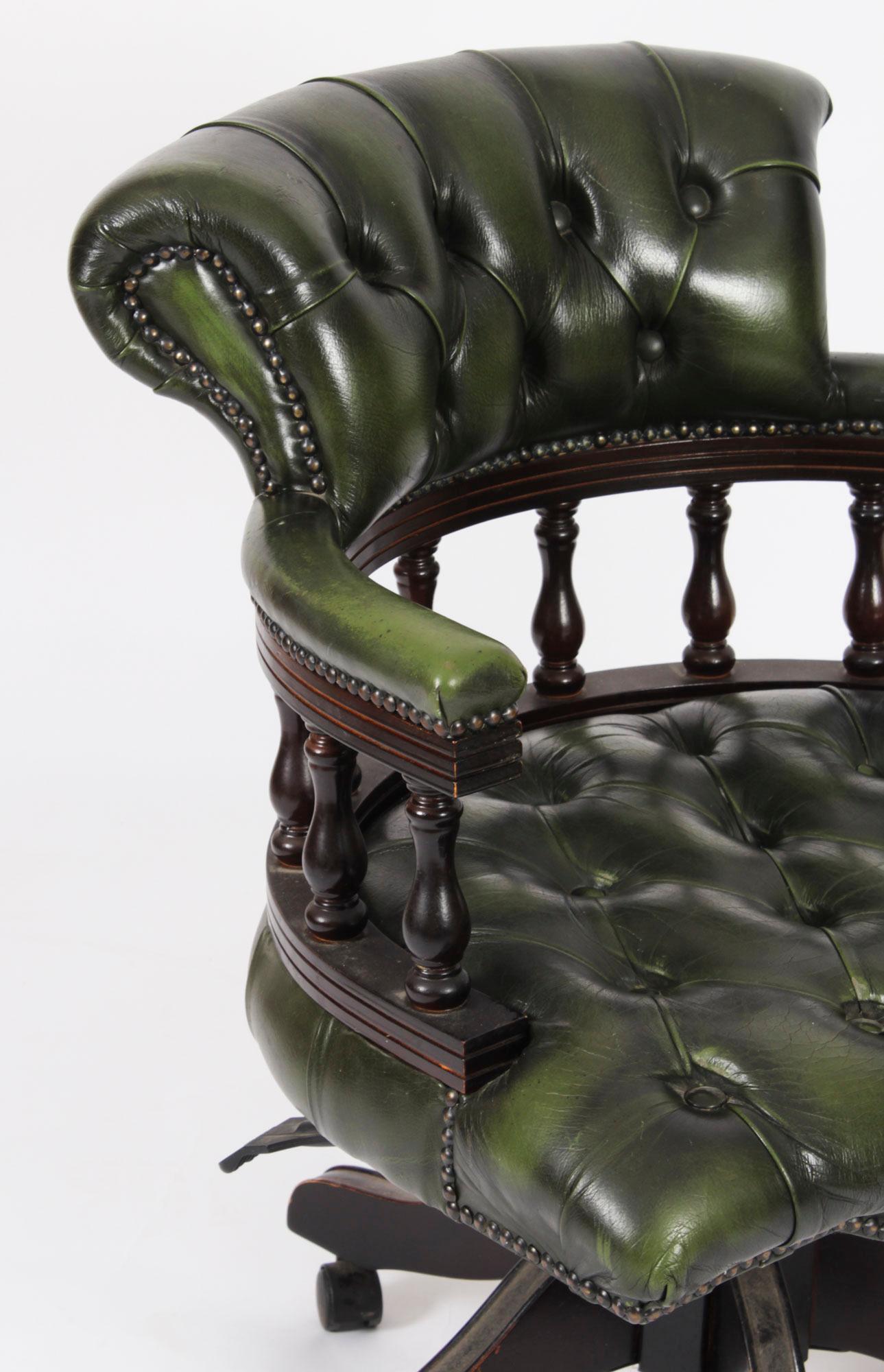Vintage English Leather Captains Desk Swivel Chair Green 20th Century For Sale 6